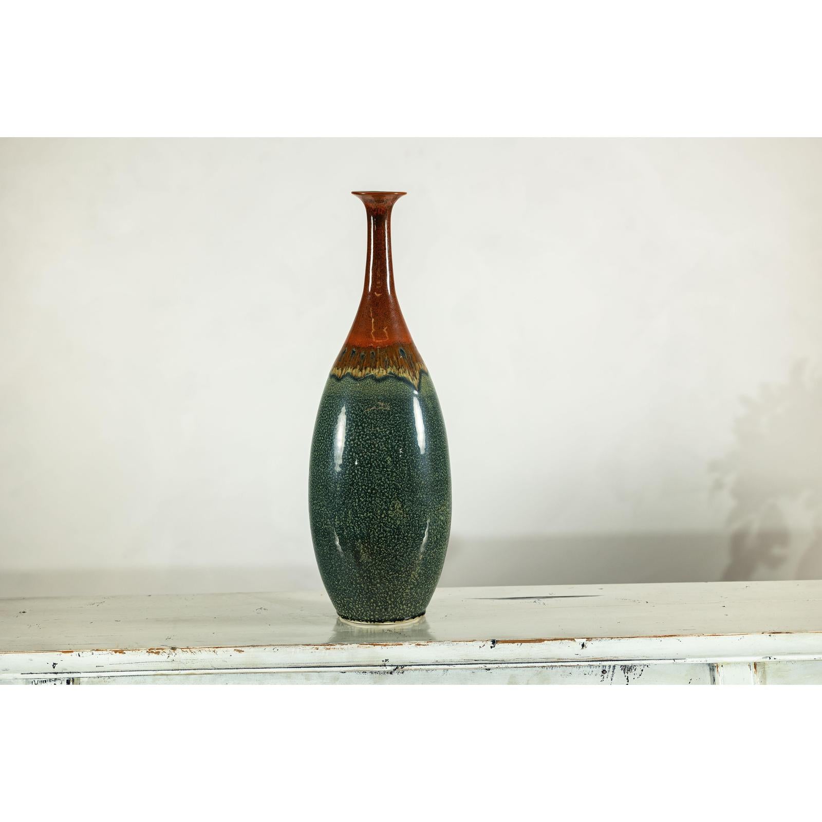 Tall Pottery Vase with Fluted Neck and Drip Glaze in Brown and Green-12. Asian &amp; Chinese Furniture, Art, Antiques, Vintage Home Décor for sale at FEA Home