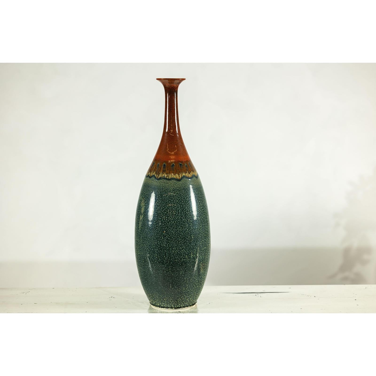 Tall Pottery Vase with Fluted Neck and Drip Glaze in Brown and Green-13. Asian &amp; Chinese Furniture, Art, Antiques, Vintage Home Décor for sale at FEA Home