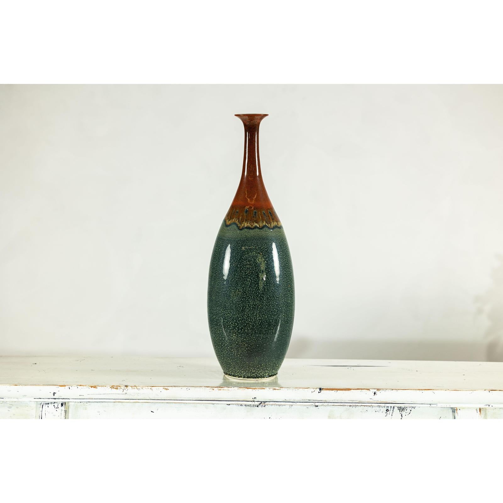 Tall Pottery Vase with Fluted Neck and Drip Glaze in Brown and Green-14. Asian &amp; Chinese Furniture, Art, Antiques, Vintage Home Décor for sale at FEA Home
