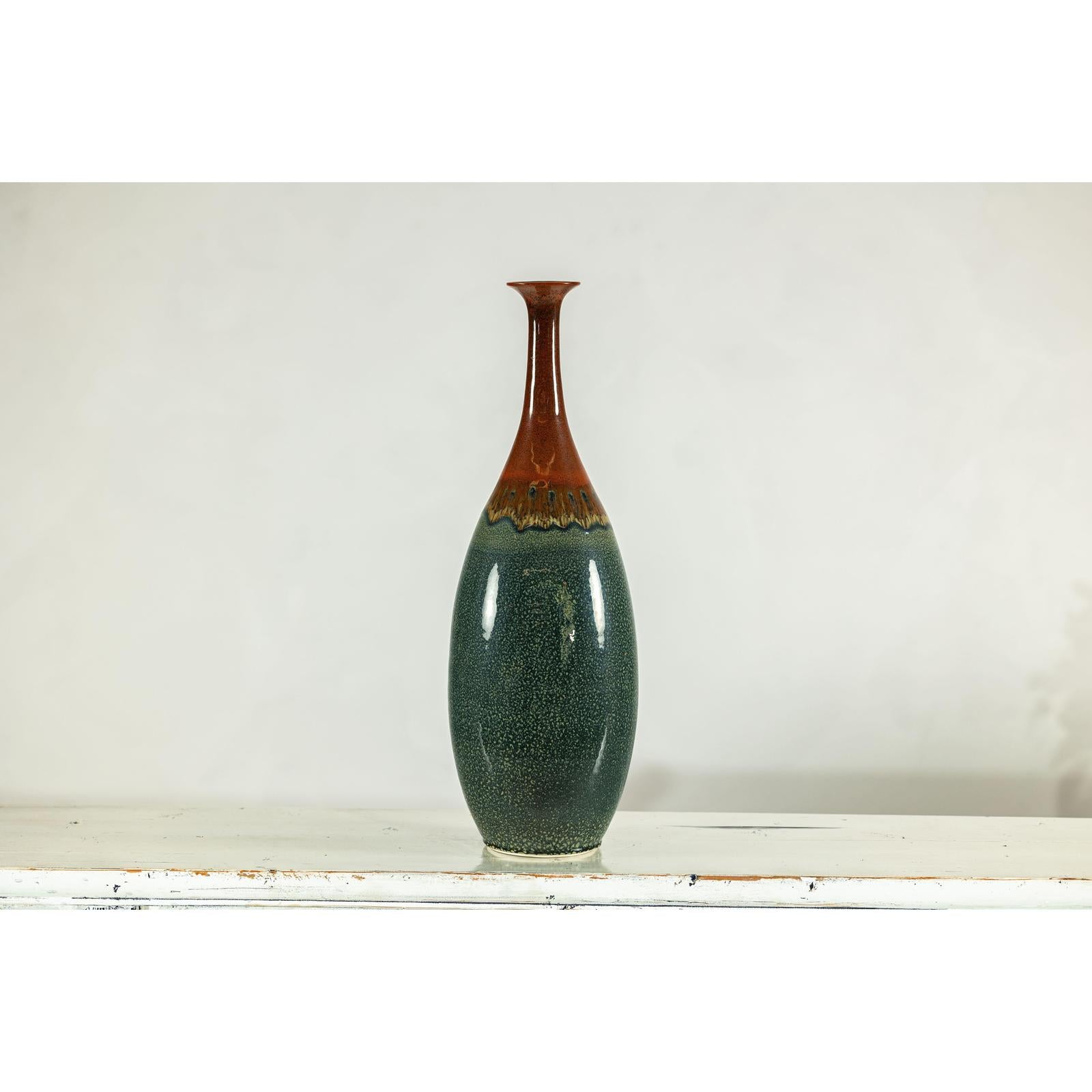 Tall Pottery Vase with Fluted Neck and Drip Glaze in Brown and Green-15. Asian &amp; Chinese Furniture, Art, Antiques, Vintage Home Décor for sale at FEA Home