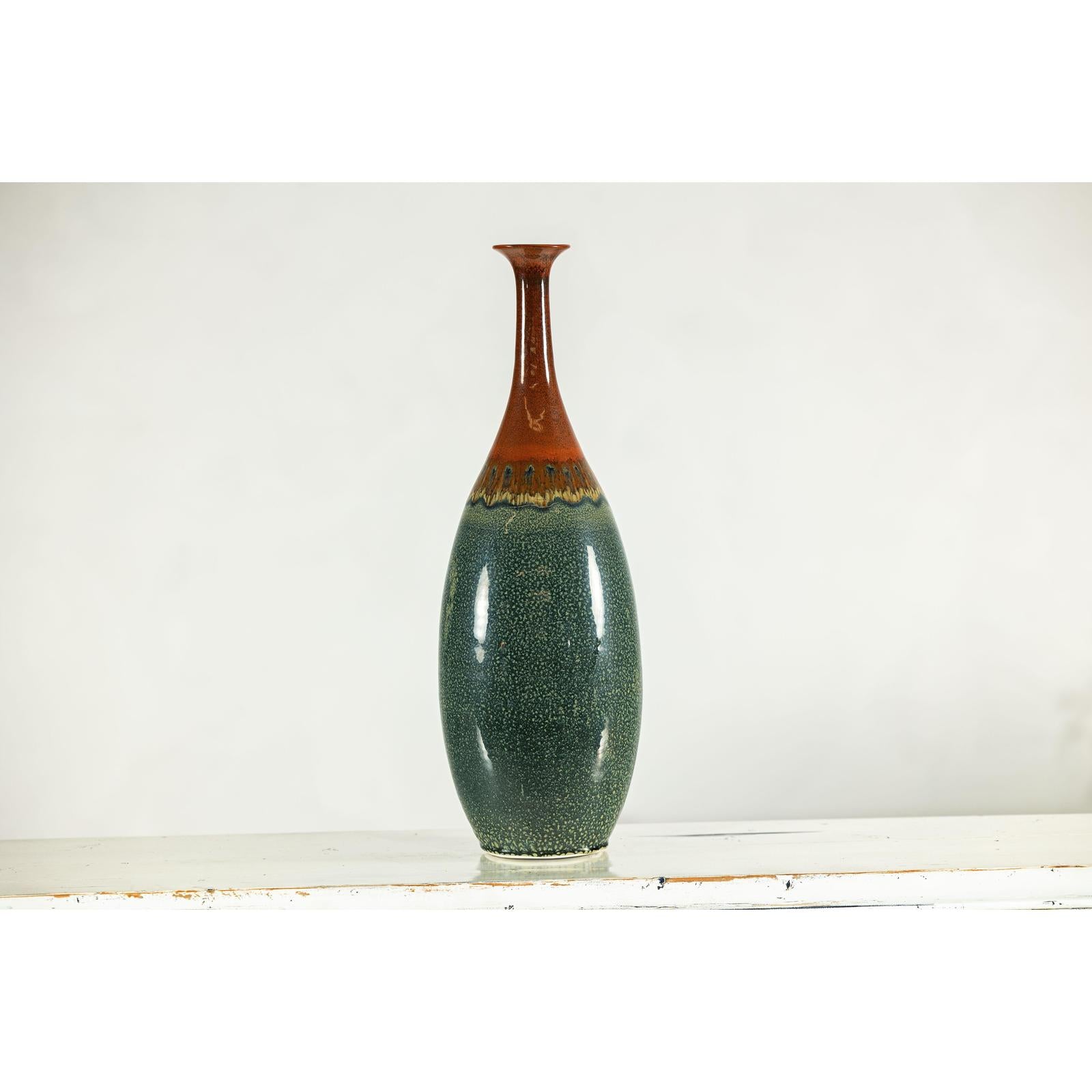 Tall Pottery Vase with Fluted Neck and Drip Glaze in Brown and Green-19. Asian &amp; Chinese Furniture, Art, Antiques, Vintage Home Décor for sale at FEA Home