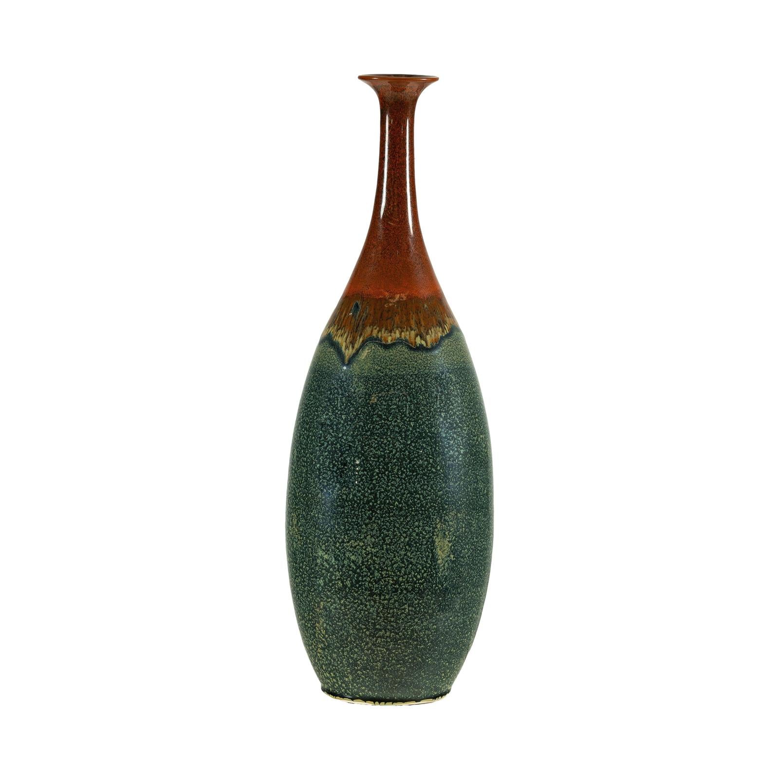 Tall Pottery Vase with Fluted Neck and Drip Glaze in Brown and Green-20. Asian &amp; Chinese Furniture, Art, Antiques, Vintage Home Décor for sale at FEA Home