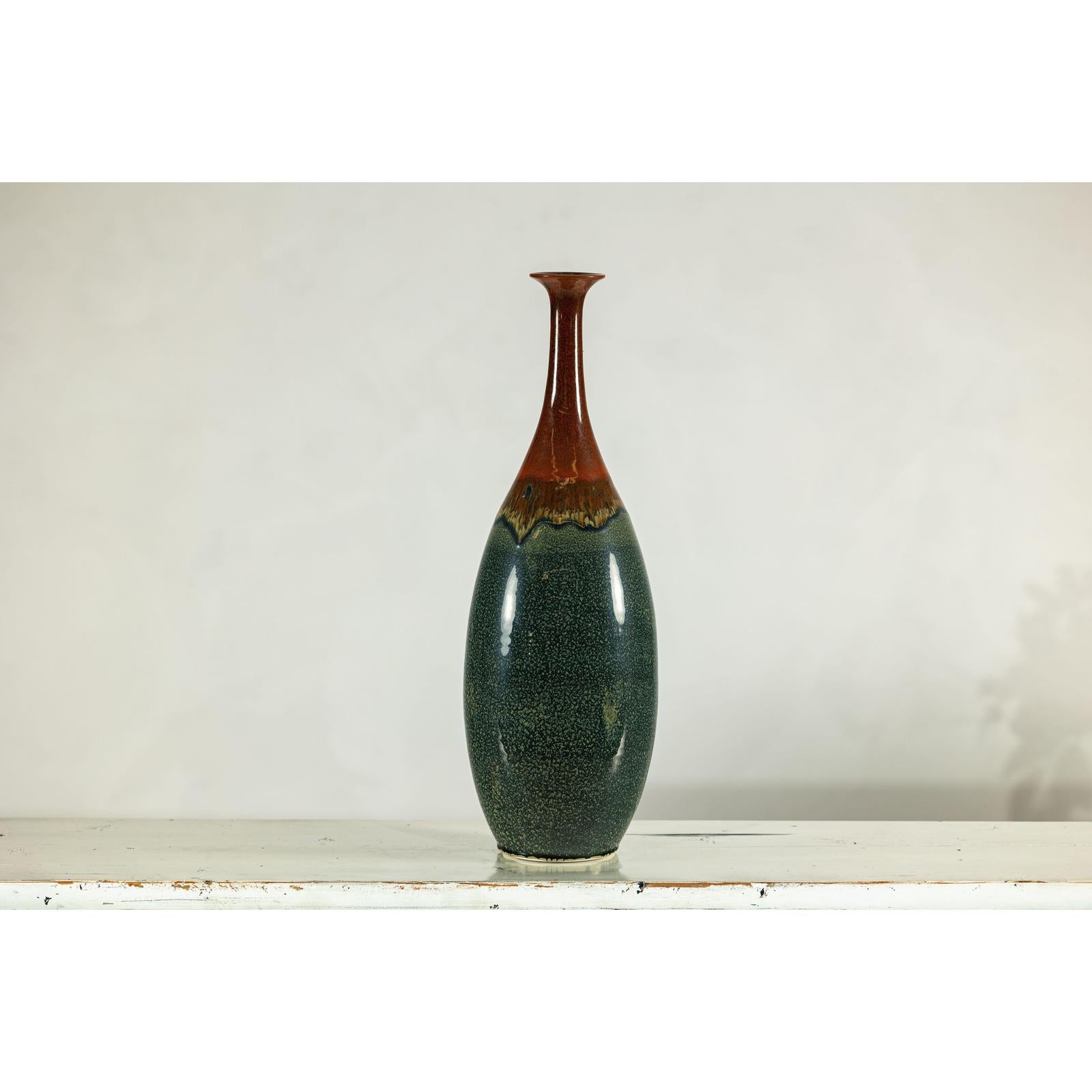 Tall Pottery Vase with Fluted Neck and Drip Glaze in Brown and Green-3. Asian &amp; Chinese Furniture, Art, Antiques, Vintage Home Décor for sale at FEA Home