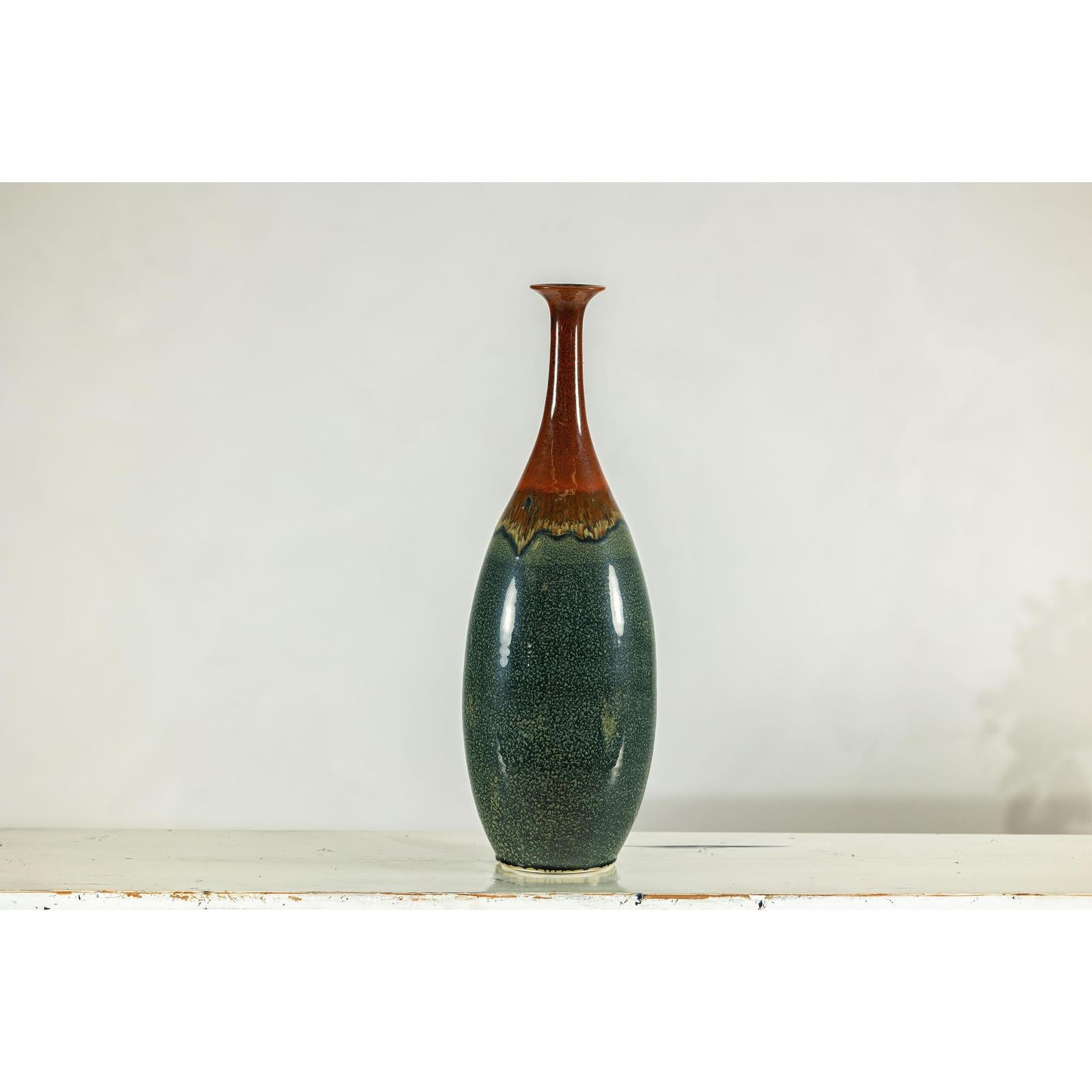 Tall Pottery Vase with Fluted Neck and Drip Glaze in Brown and Green-4. Asian &amp; Chinese Furniture, Art, Antiques, Vintage Home Décor for sale at FEA Home