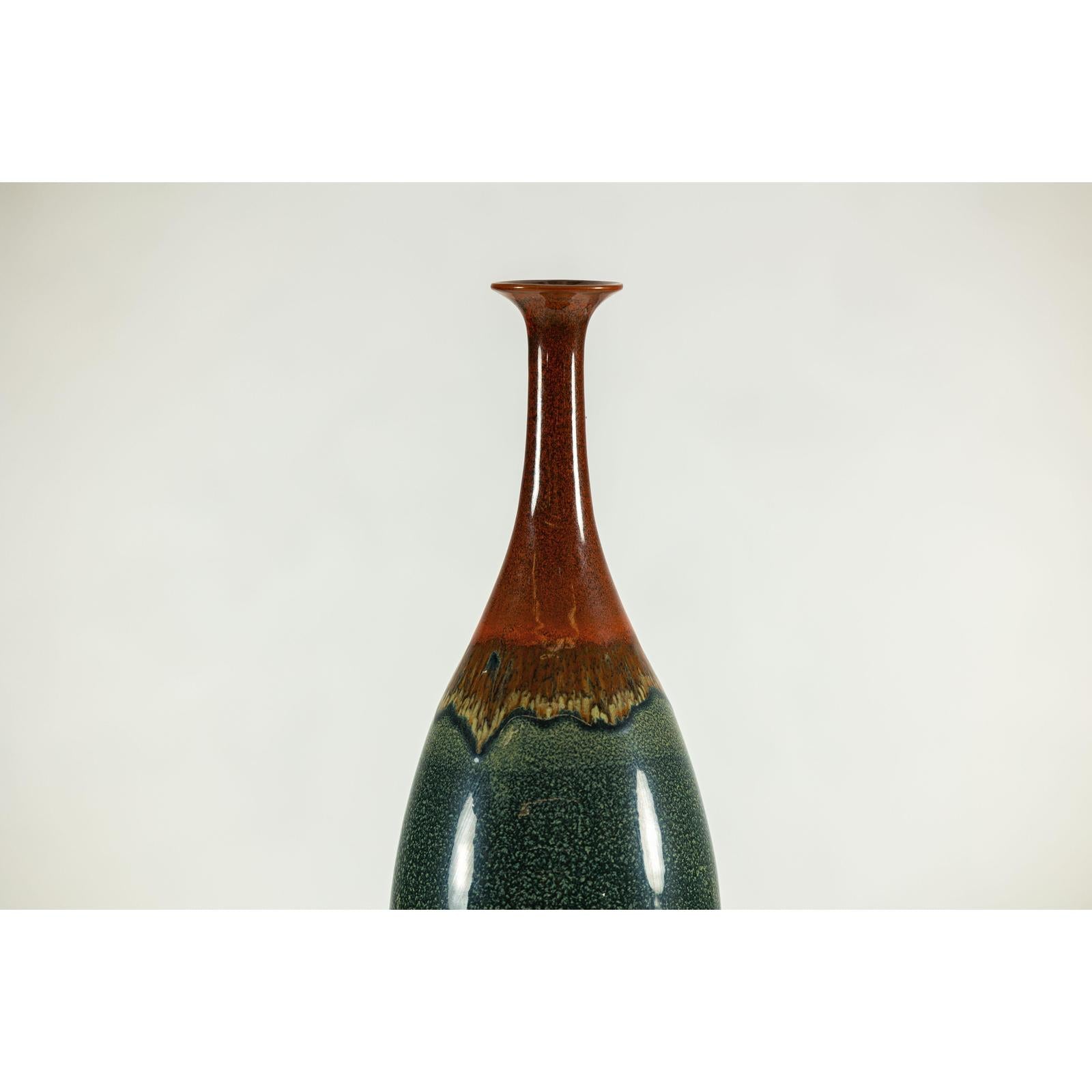 Tall Pottery Vase with Fluted Neck and Drip Glaze in Brown and Green-5. Asian &amp; Chinese Furniture, Art, Antiques, Vintage Home Décor for sale at FEA Home
