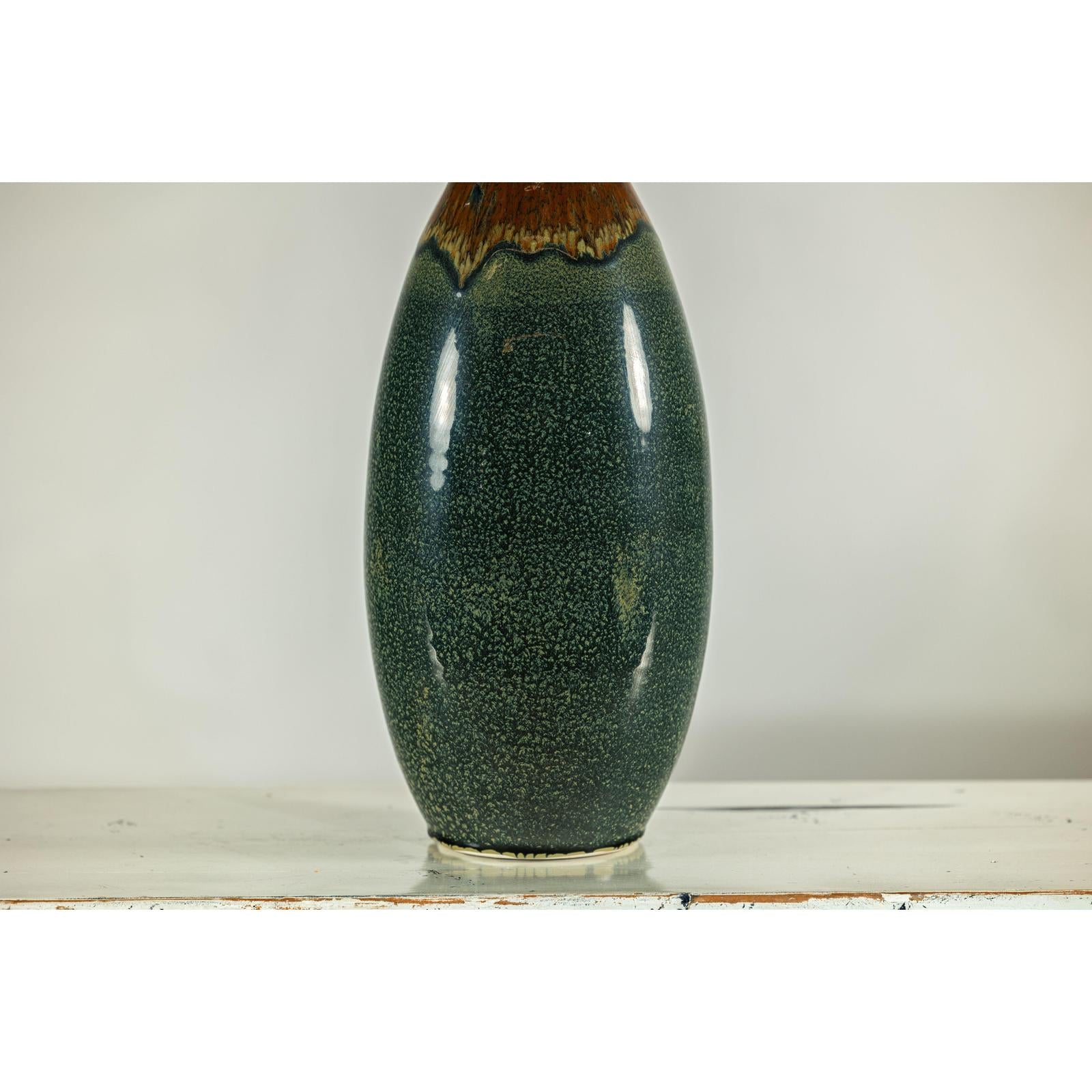 Tall Pottery Vase with Fluted Neck and Drip Glaze in Brown and Green-7. Asian &amp; Chinese Furniture, Art, Antiques, Vintage Home Décor for sale at FEA Home