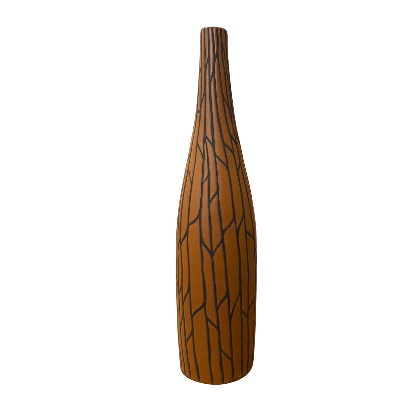 Sand brown and orange ceramic vase with black crackle design and narrow neck, modern style.