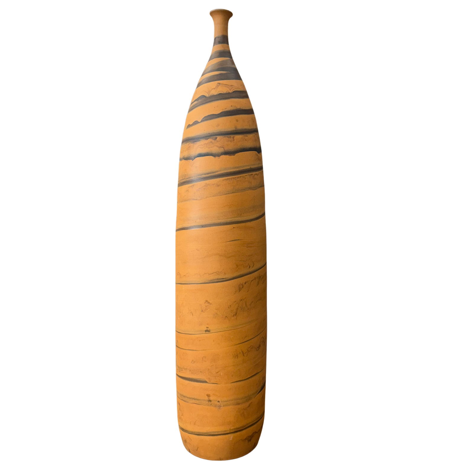 Orange ceramic vase with black swirl, tall and skinny shape, isolated on white background.
