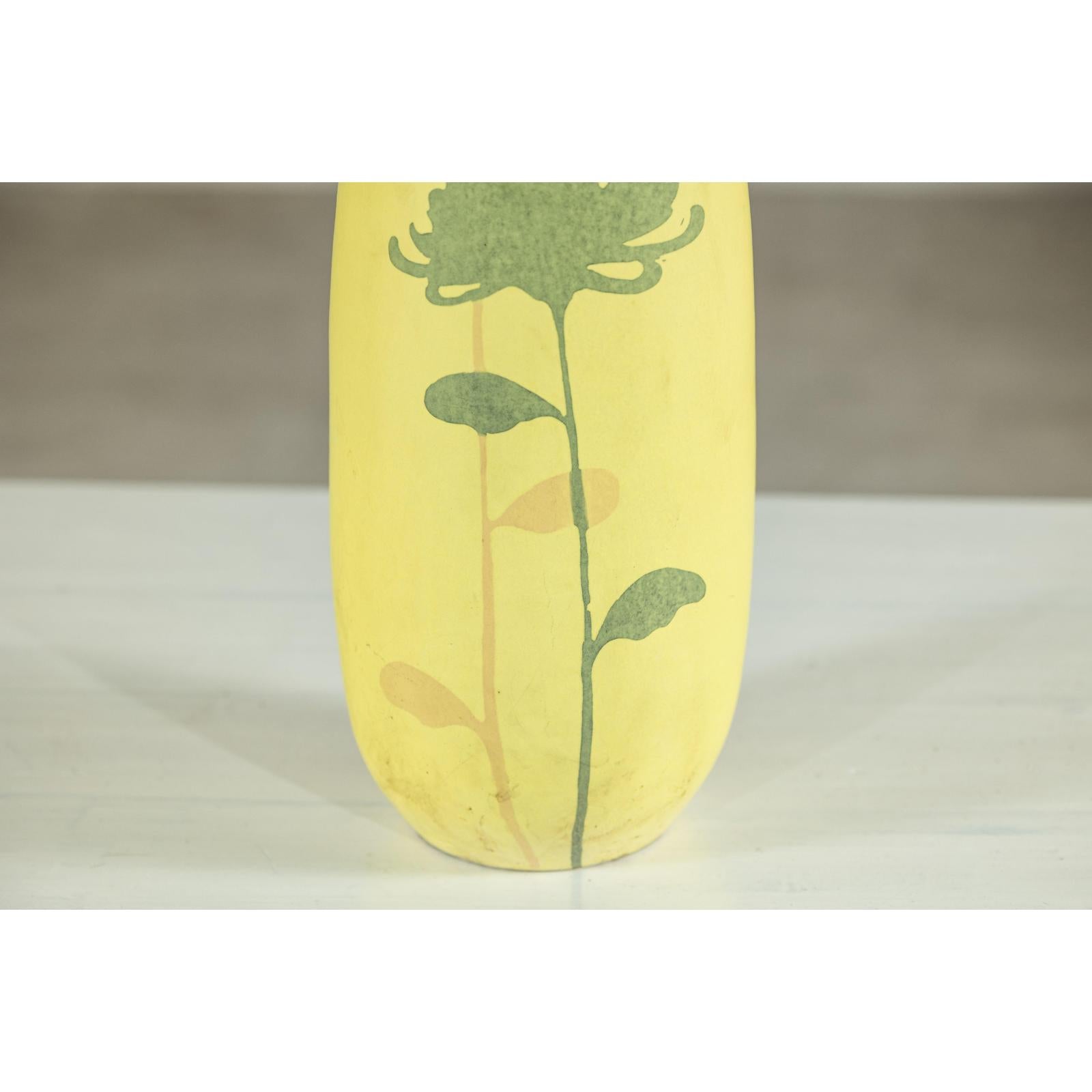 Tall &amp; Skinny Yellow Ceramic Vase with Hand-Painted Flowers