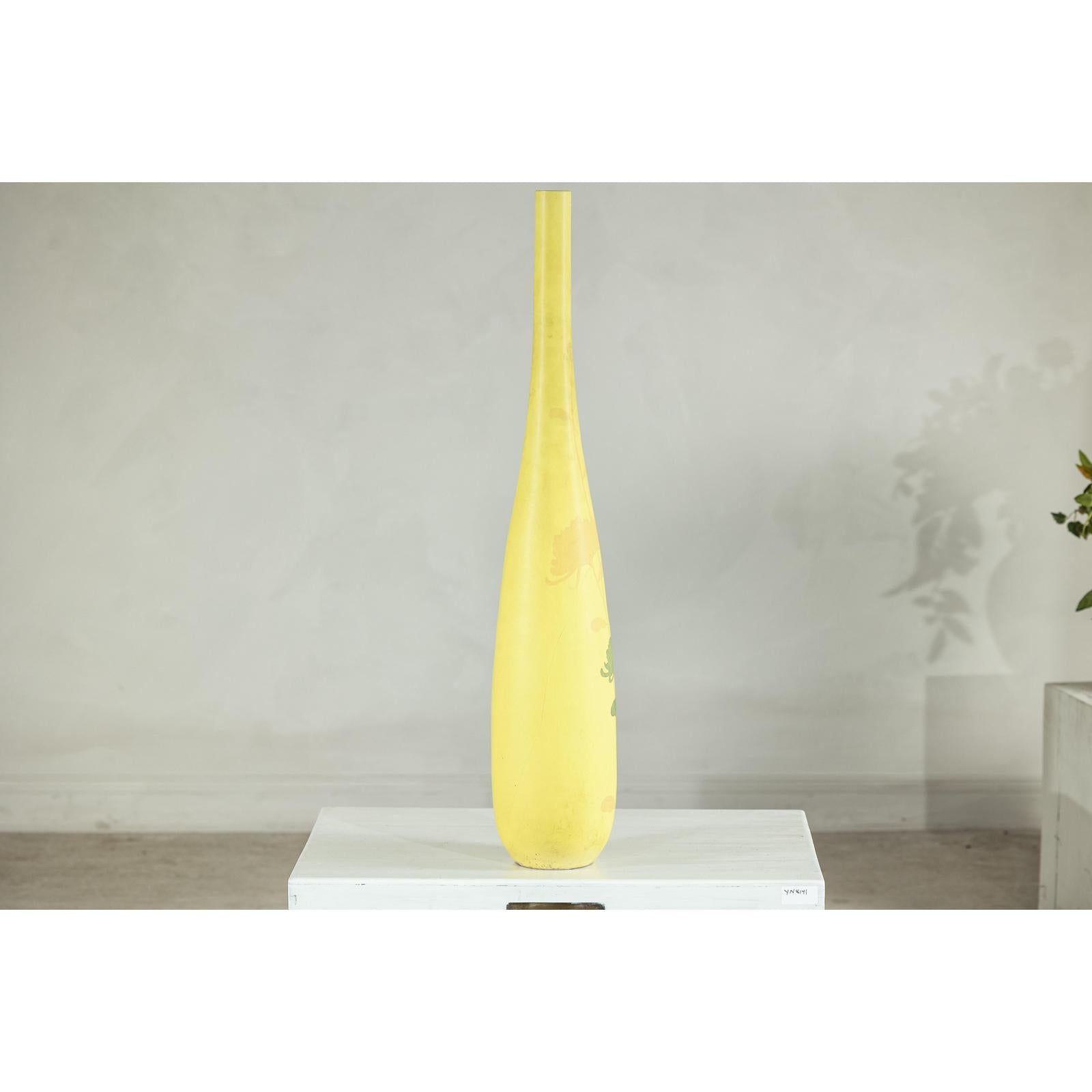 Tall &amp; Skinny Yellow Ceramic Vase with Hand-Painted Flowers
