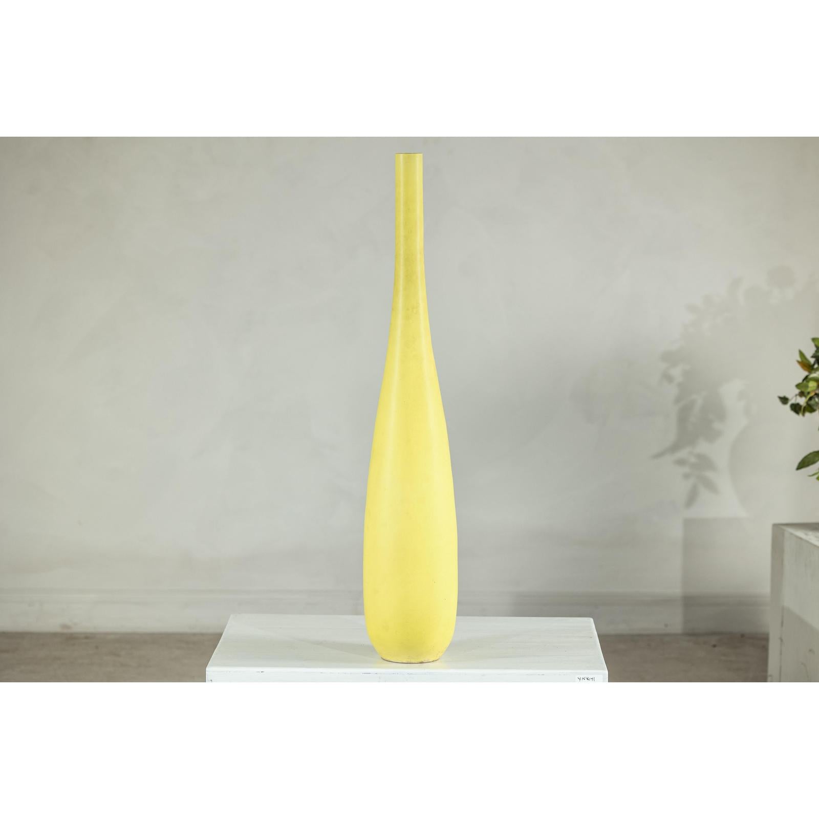 Tall &amp; Skinny Yellow Ceramic Vase with Hand-Painted Flowers