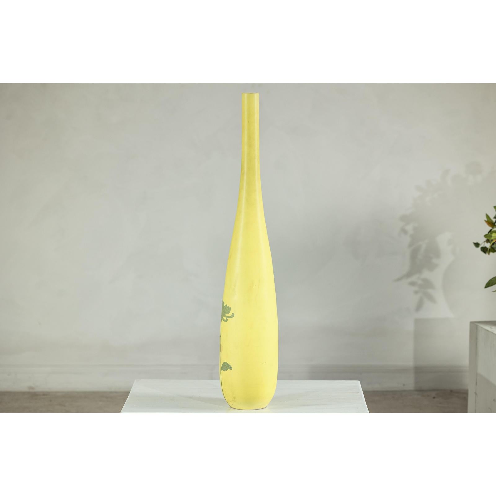 Tall &amp; Skinny Yellow Ceramic Vase with Hand-Painted Flowers
