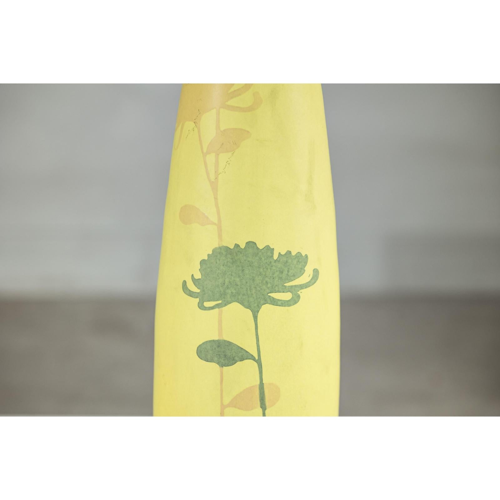 Tall &amp; Skinny Yellow Ceramic Vase with Hand-Painted Flowers