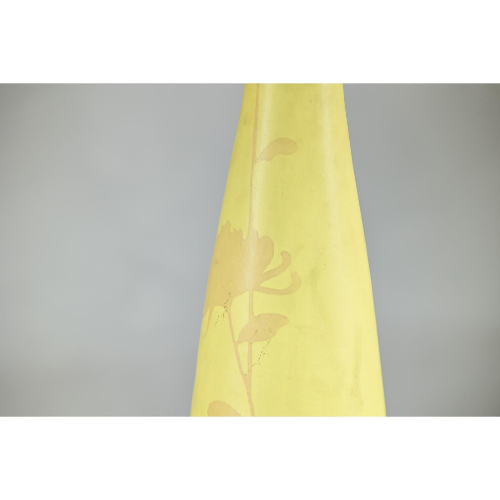 Tall &amp; Skinny Yellow Ceramic Vase with Hand-Painted Flowers