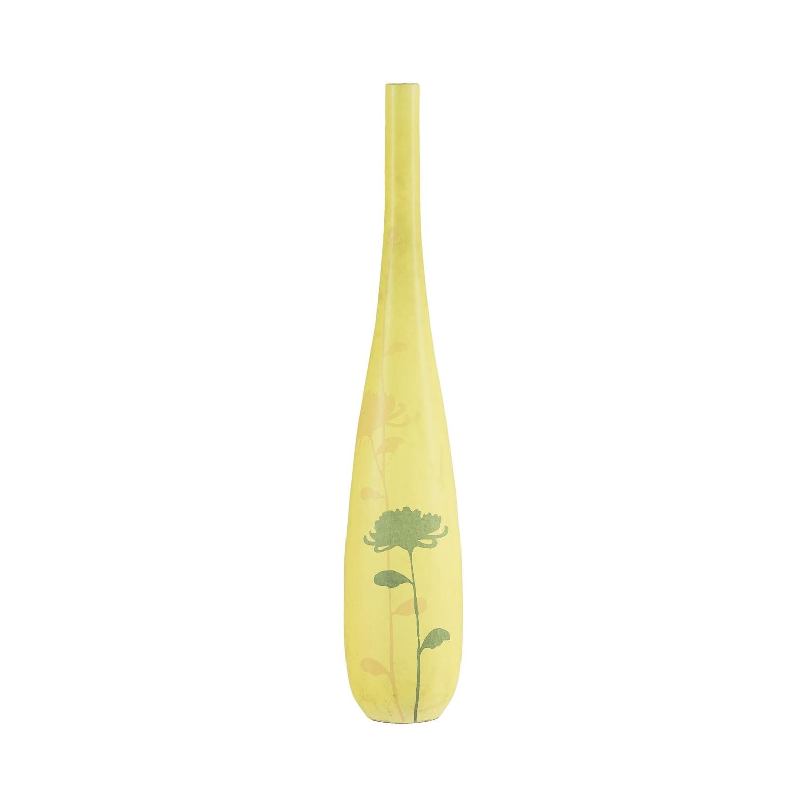 Tall &amp; Skinny Yellow Ceramic Vase with Hand-Painted Flowers