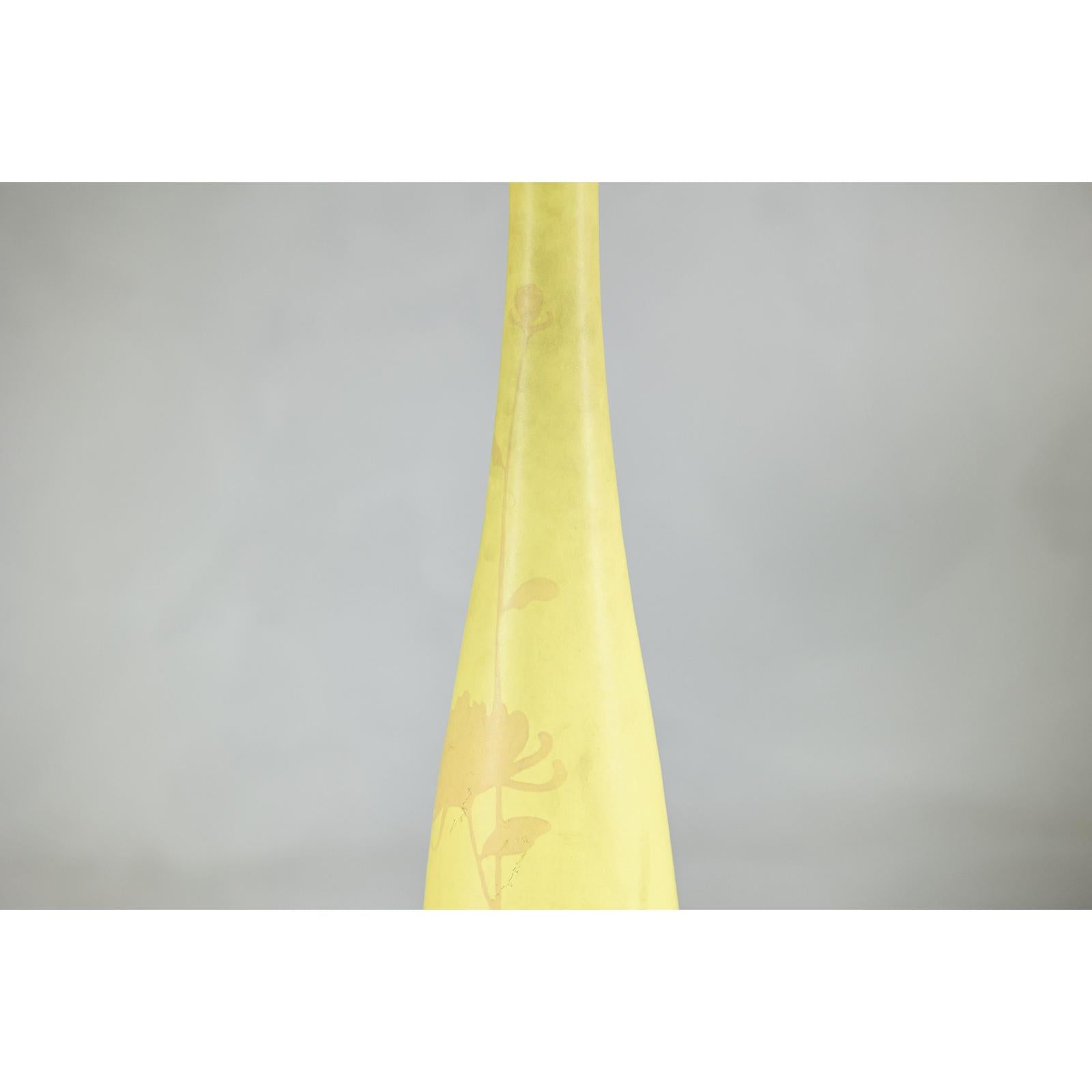 Tall &amp; Skinny Yellow Ceramic Vase with Hand-Painted Flowers