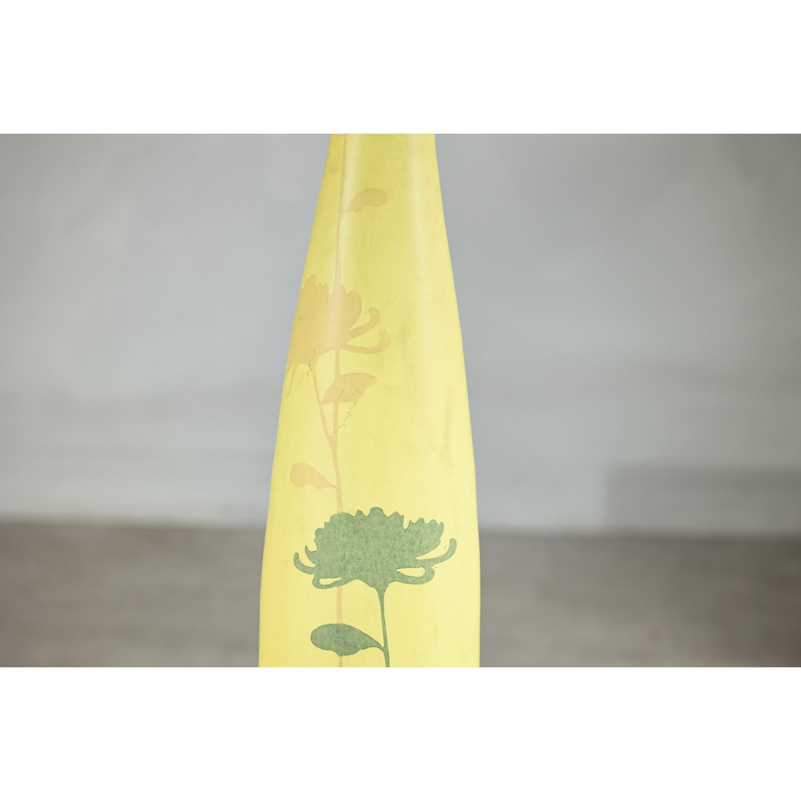 Tall &amp; Skinny Yellow Ceramic Vase with Hand-Painted Flowers