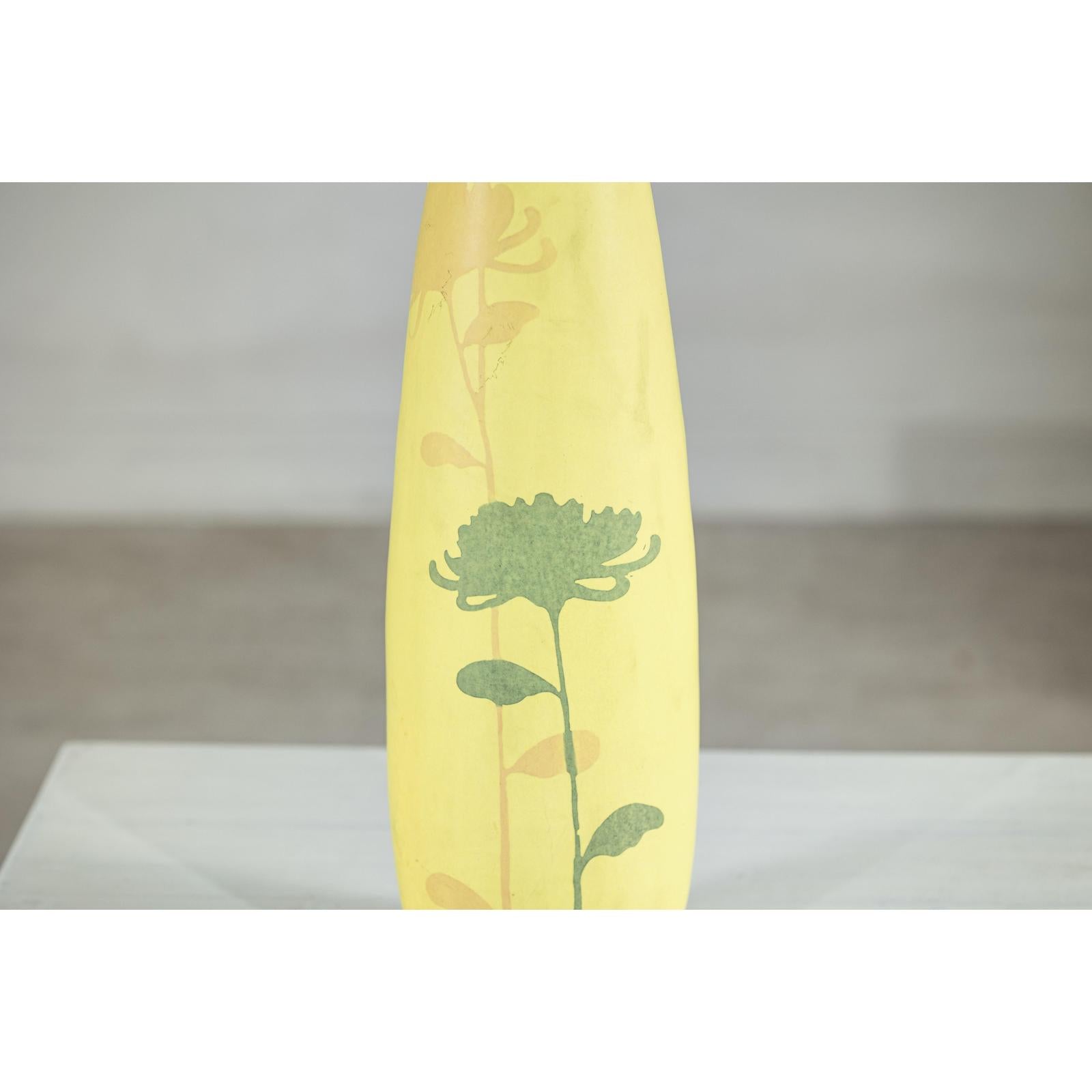 Tall &amp; Skinny Yellow Ceramic Vase with Hand-Painted Flowers
