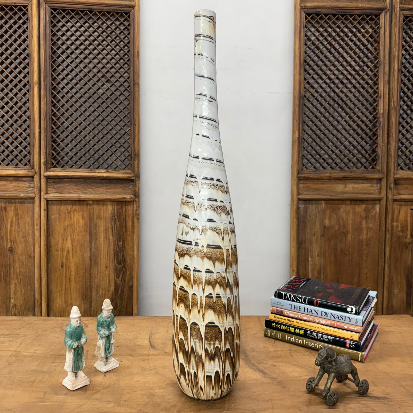 Tall Slender White &amp; Brown Ceramic Vase with Drip Cascade, SKU , image 2