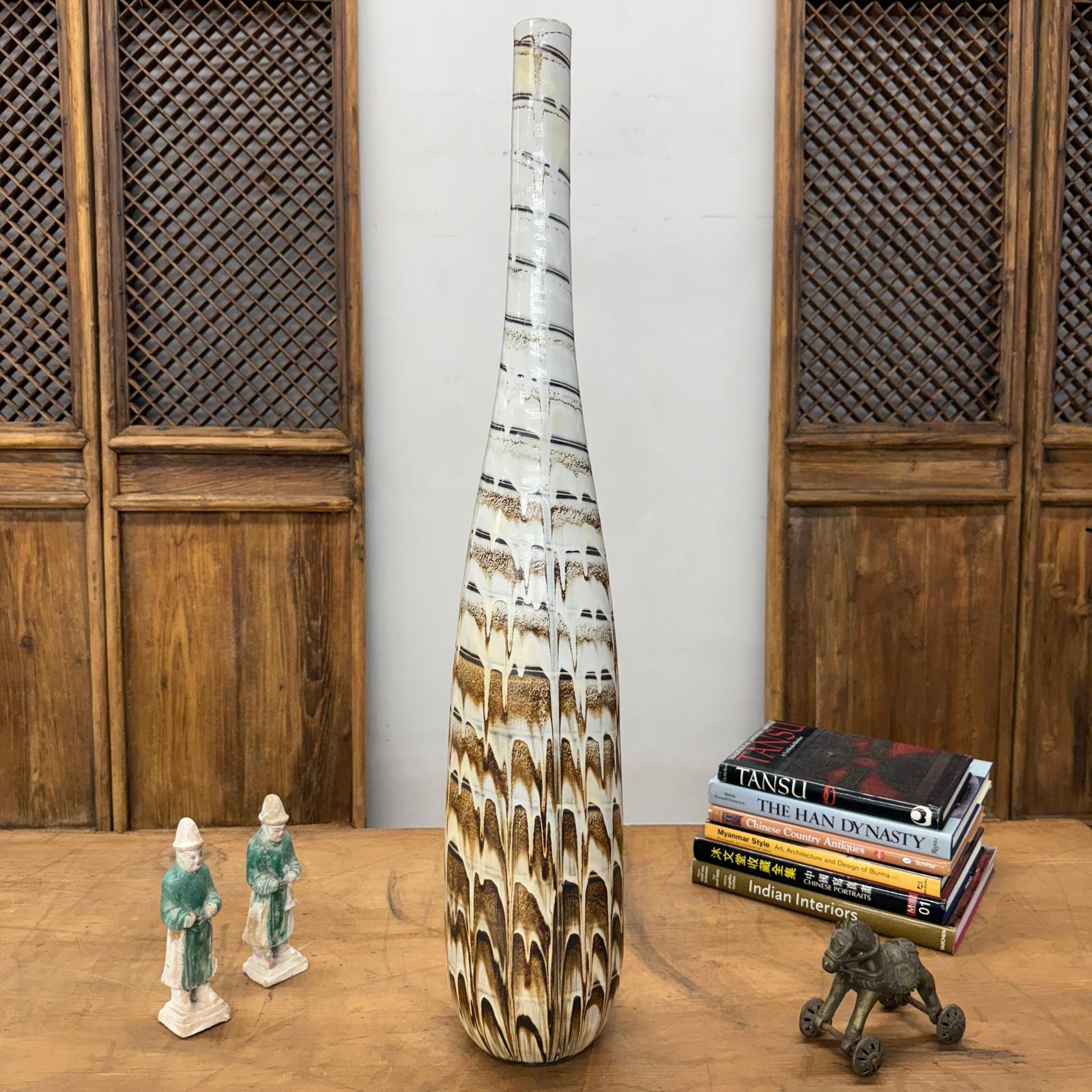 Tall Slender White &amp; Brown Ceramic Vase with Drip Cascade, SKU , image 3