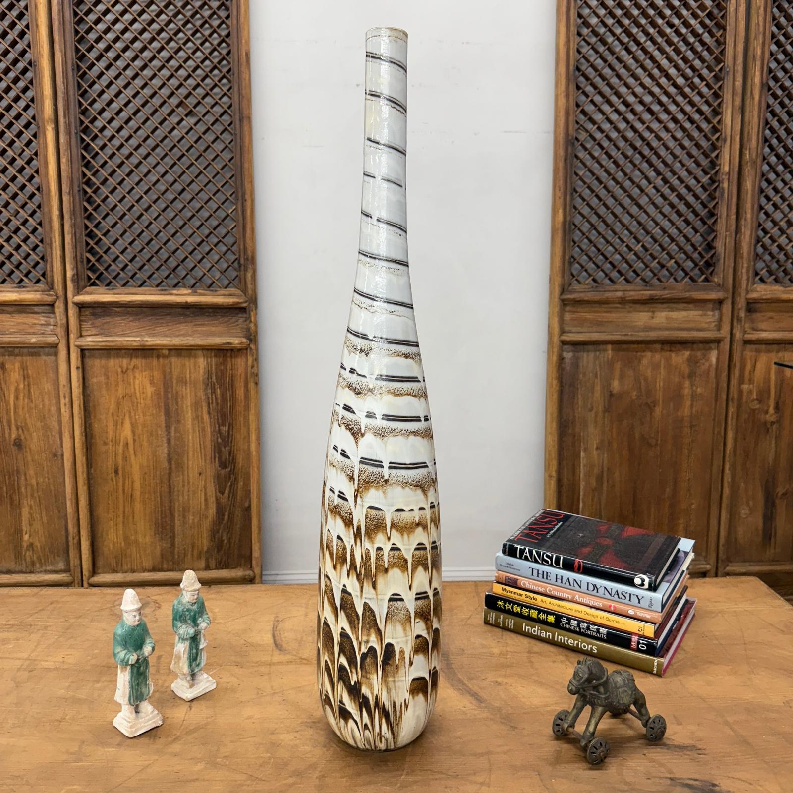 Tall Slender White &amp; Brown Ceramic Vase with Drip Cascade, SKU , image 4