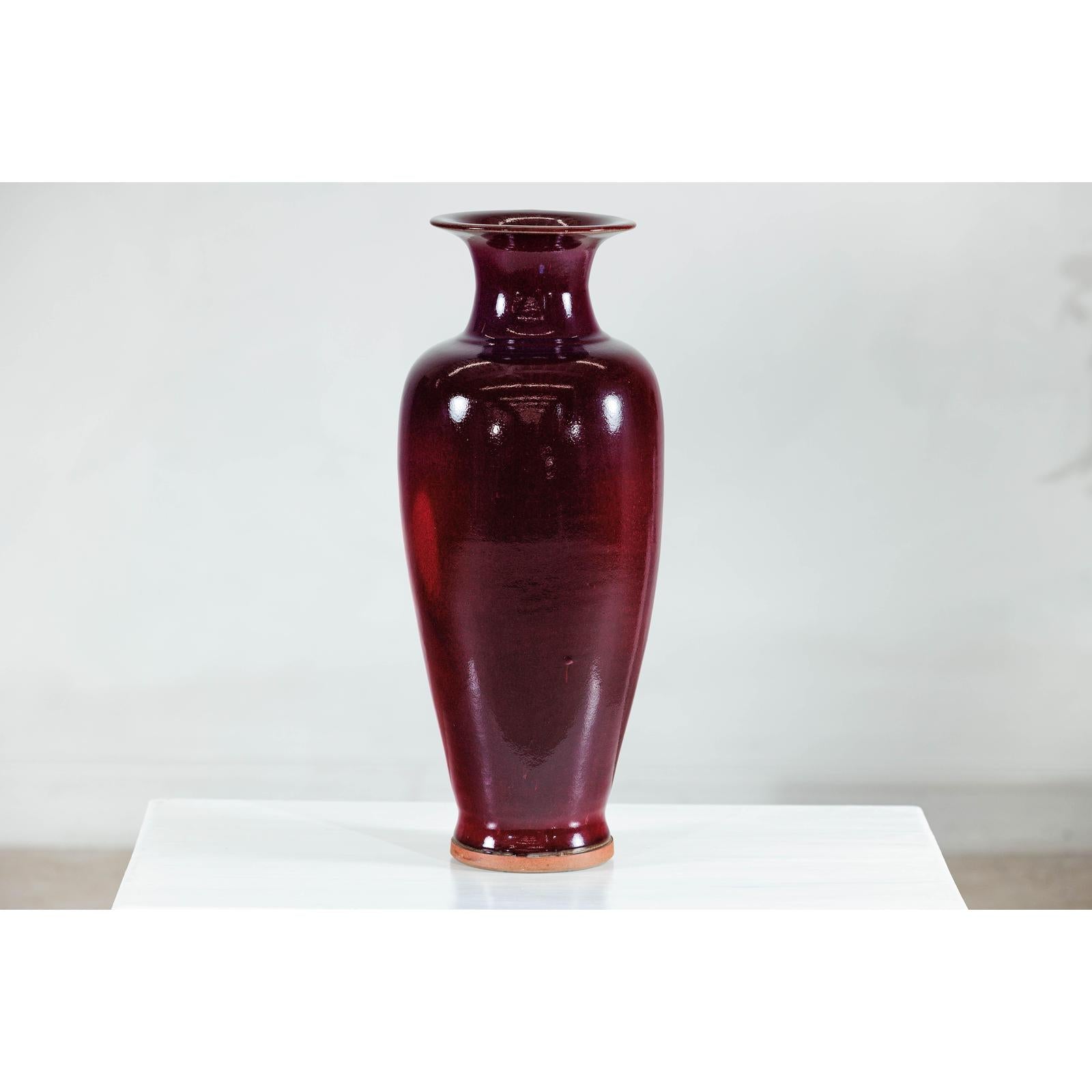 Tall Stoneware Vase with Deep Oxblood Flambé Glaze | FEA Home
