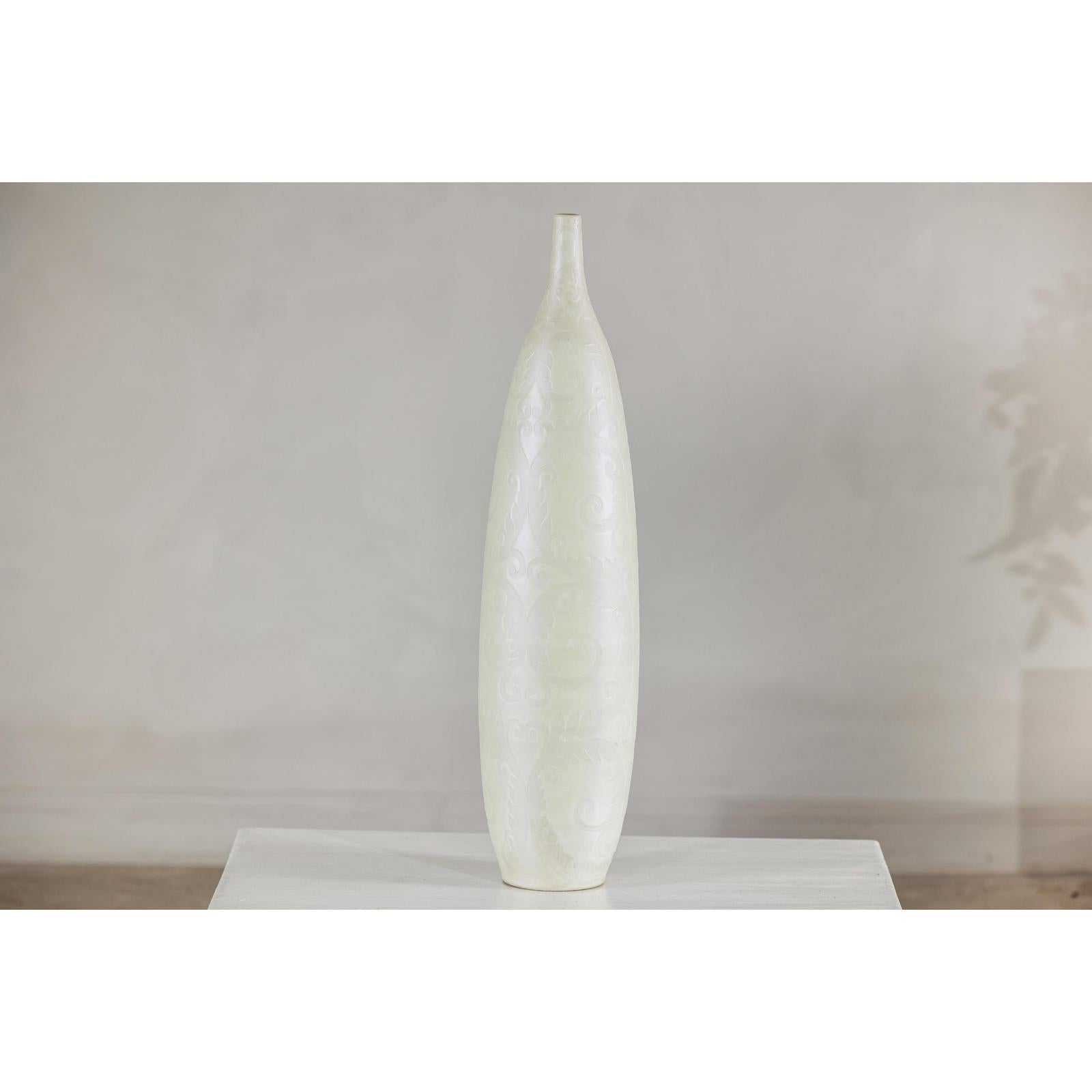 Tall Thin White Ceramic Artisan Vase with Subtle Pattern - image 10