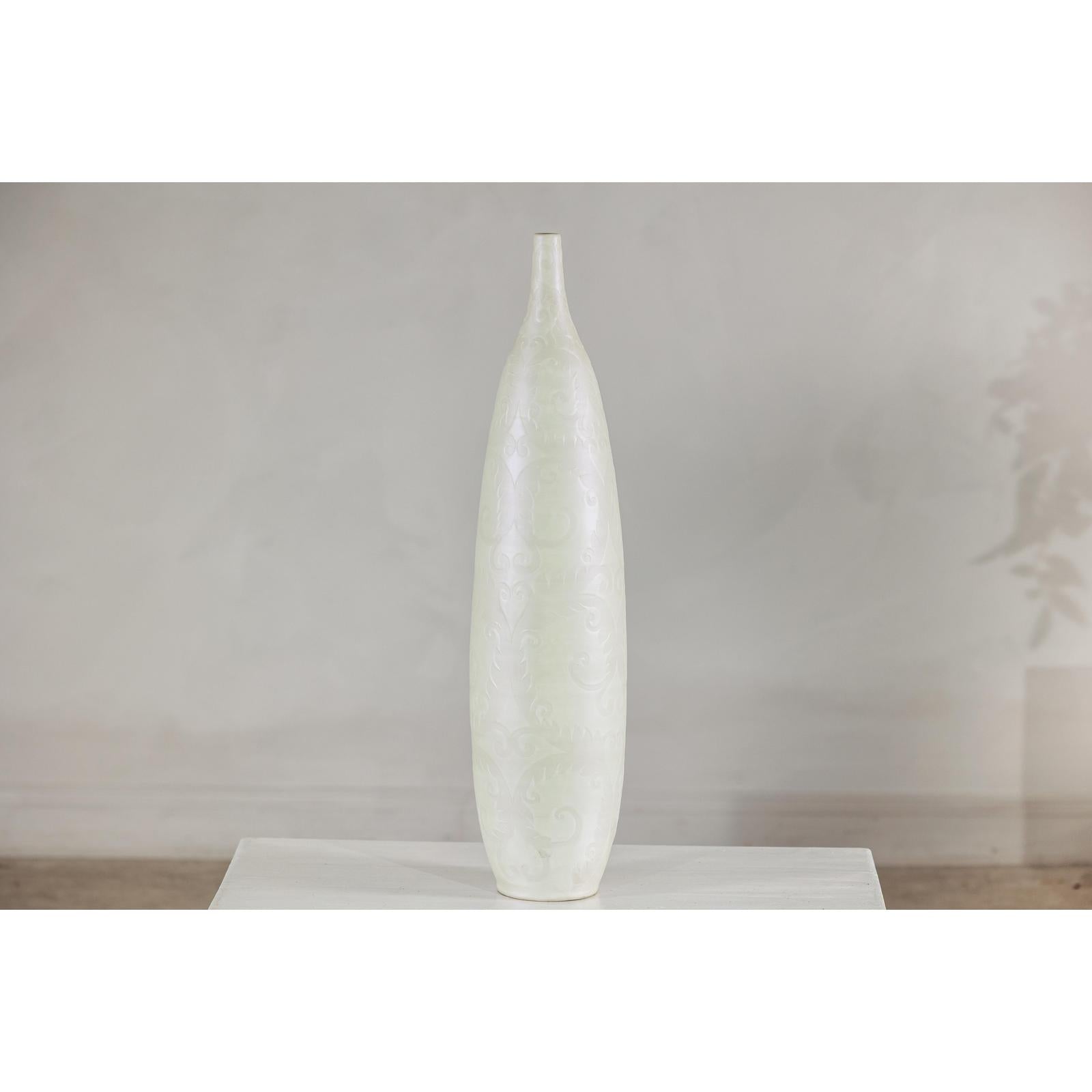 Tall Thin White Ceramic Artisan Vase with Subtle Pattern - image 2