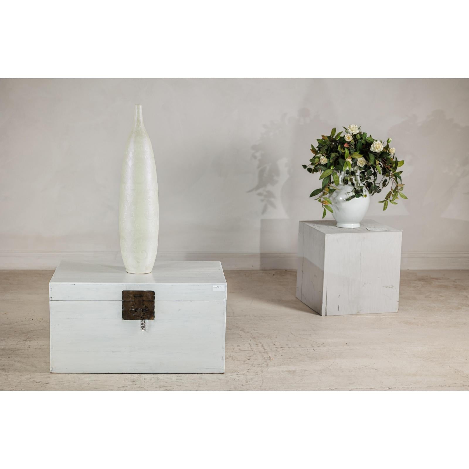 Tall Thin White Ceramic Artisan Vase with Subtle Pattern - image 3