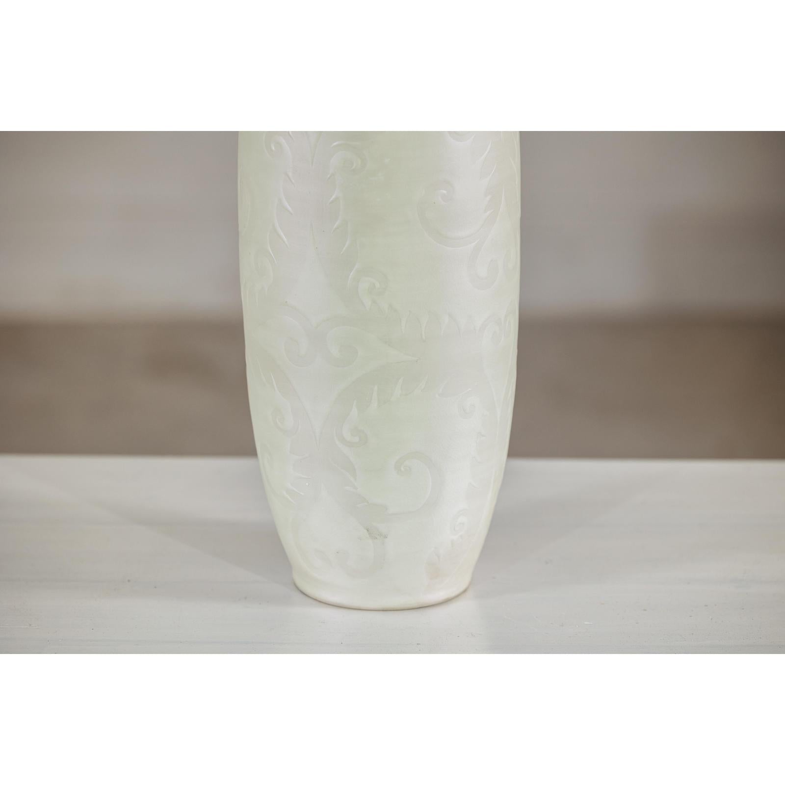 Tall Thin White Ceramic Artisan Vase with Subtle Pattern - image 7