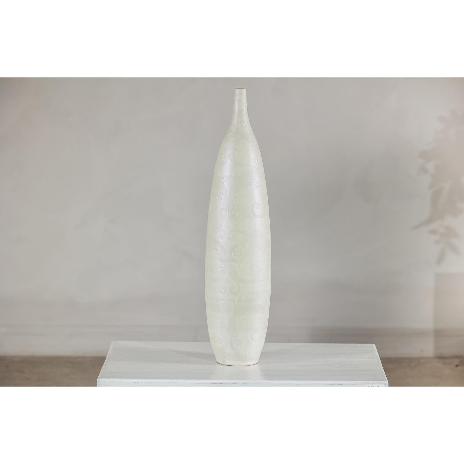 Tall Thin White Ceramic Artisan Vase with Subtle Pattern - image 8