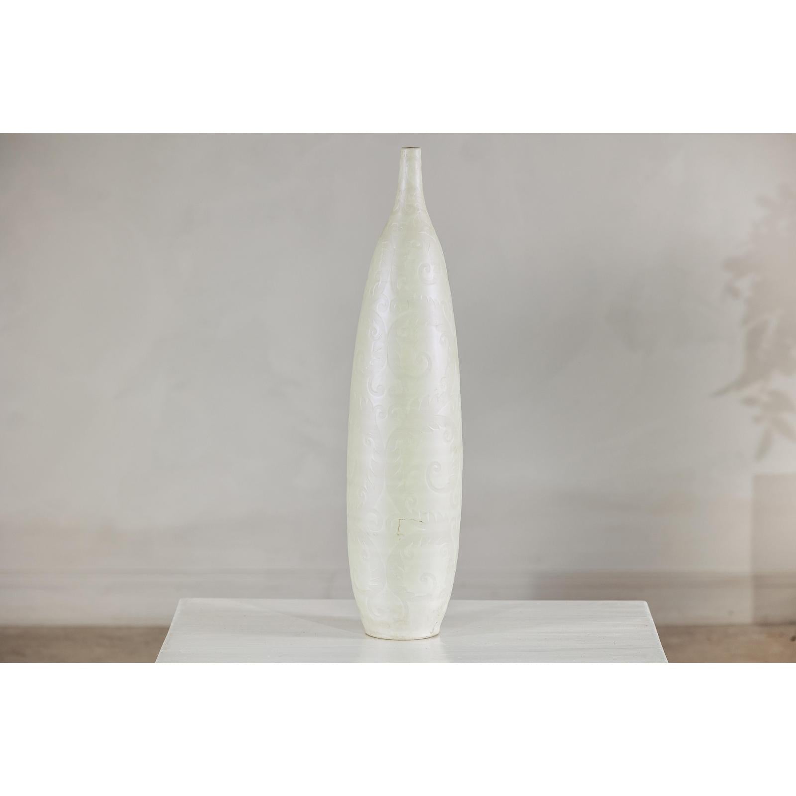 Tall Thin White Ceramic Artisan Vase with Subtle Pattern - image 9