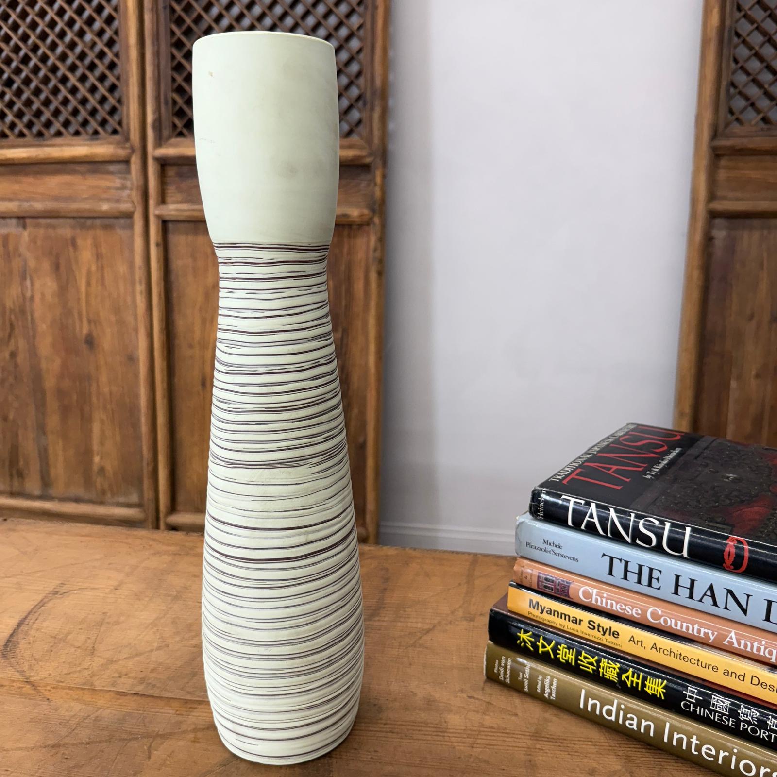 Tall White Ceramic Prem Vase with Brown Swirls - FEA Home
