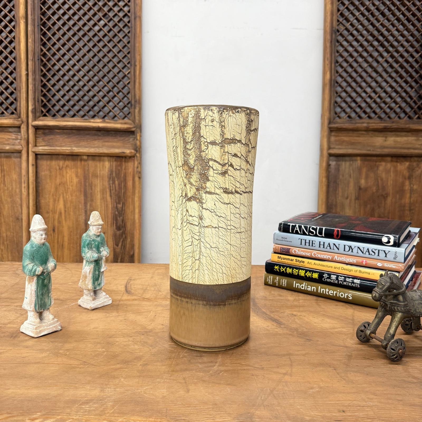 Textured Beige &amp; Brown Crackled Glaze Ceramic Vase - FEA Home