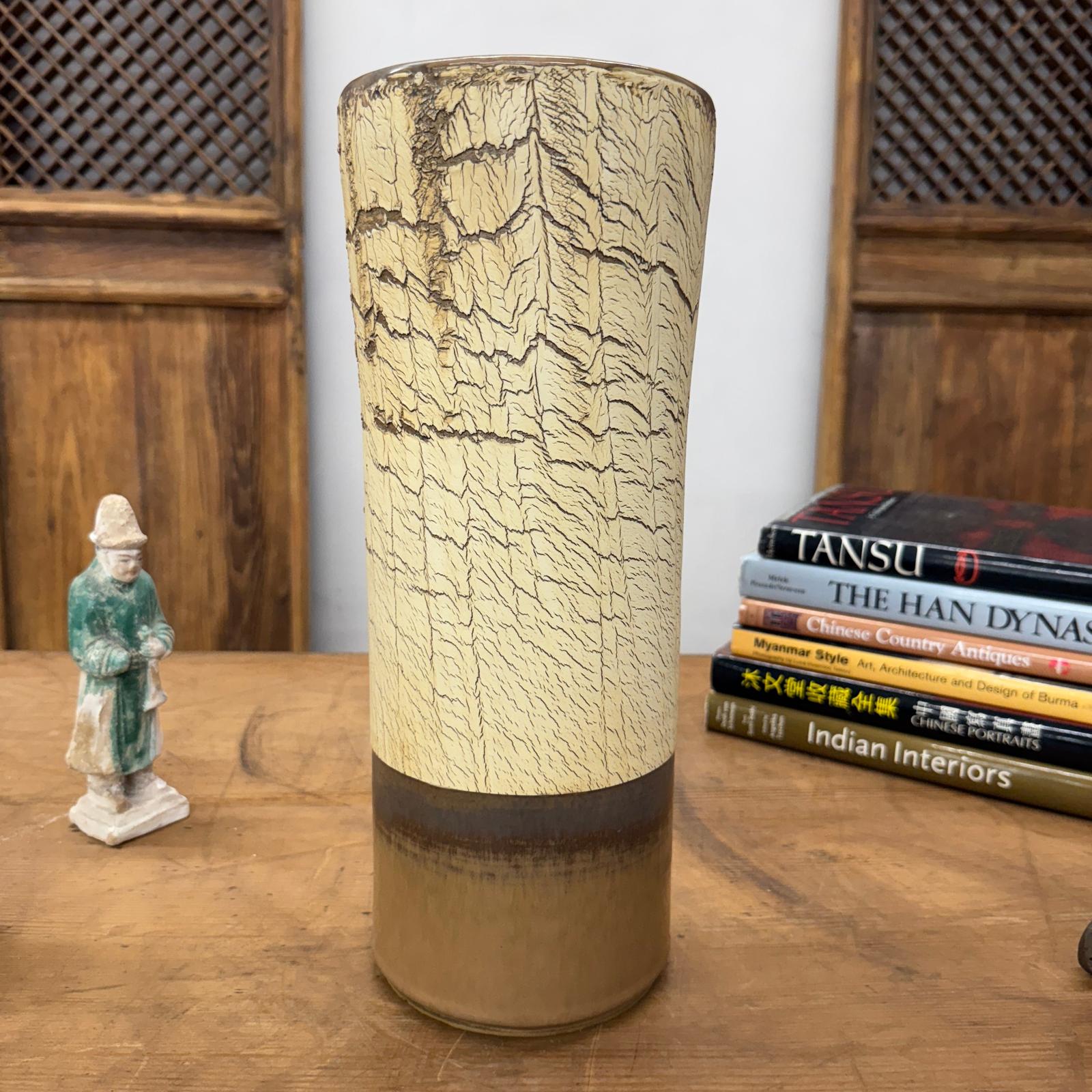 Textured Beige &amp; Brown Crackled Glaze Ceramic Vase - FEA Home