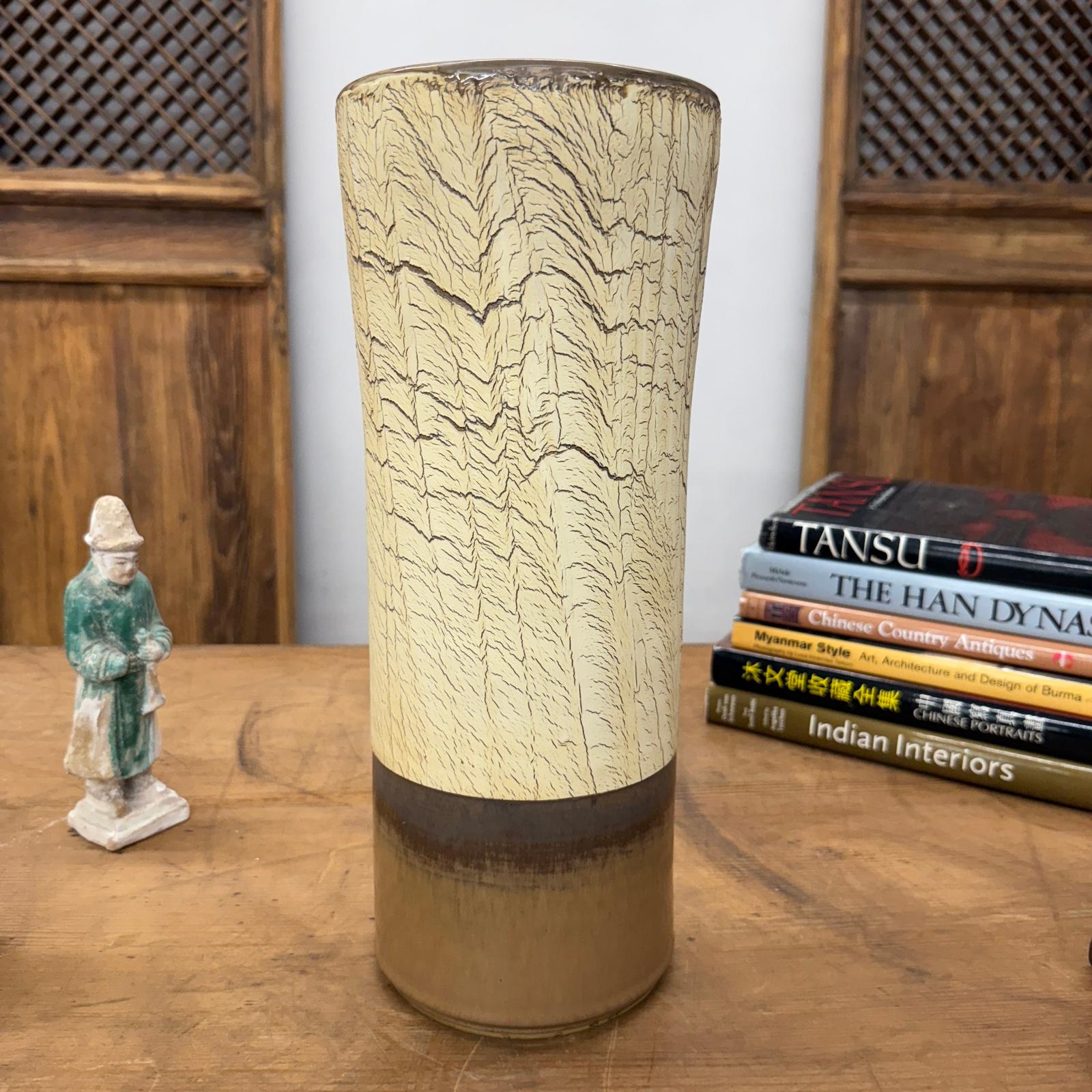Textured Beige &amp; Brown Crackled Glaze Ceramic Vase - FEA Home