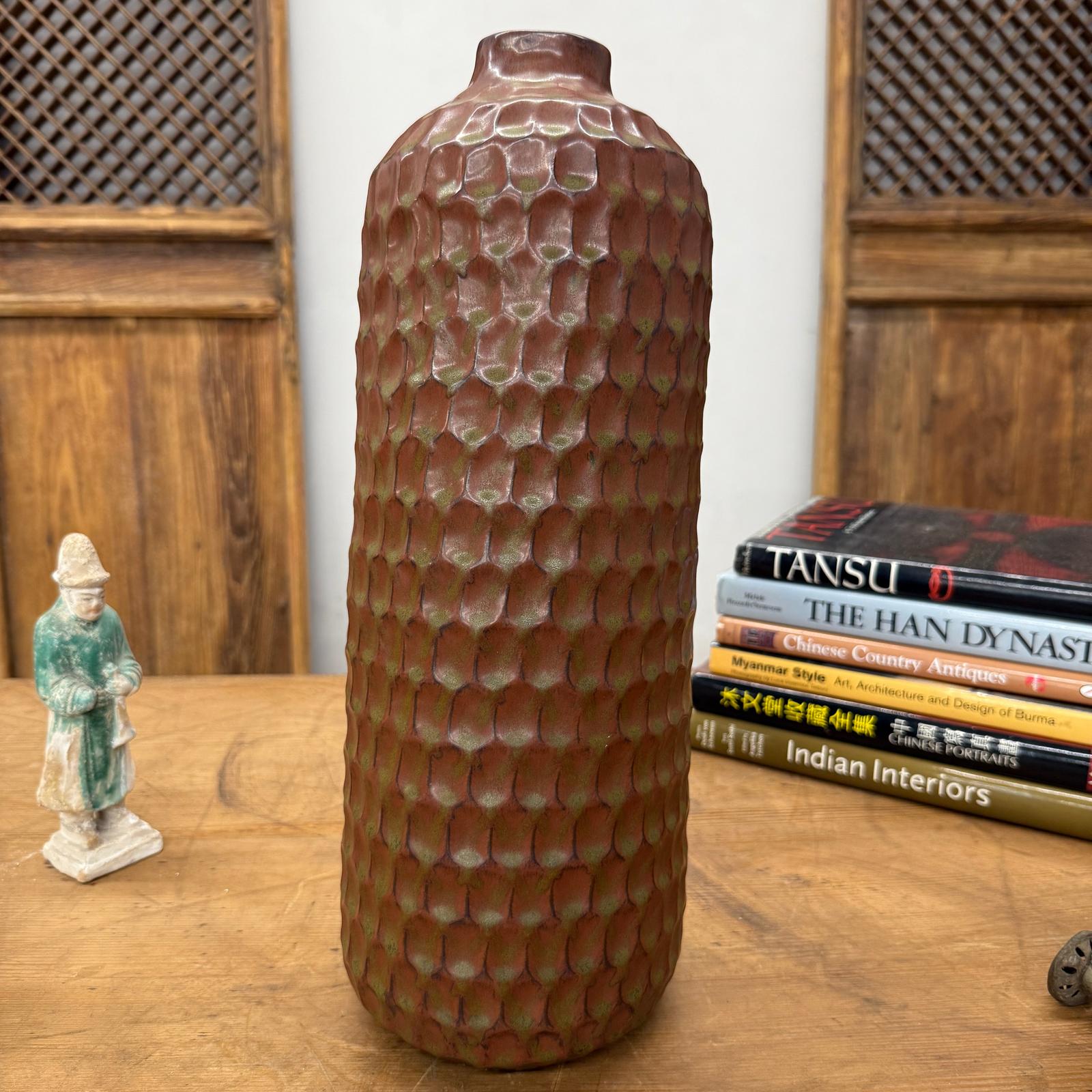 Textured Ceramic Vase in Orange-Brown &amp; Moss Green Finish, SKU , image 3