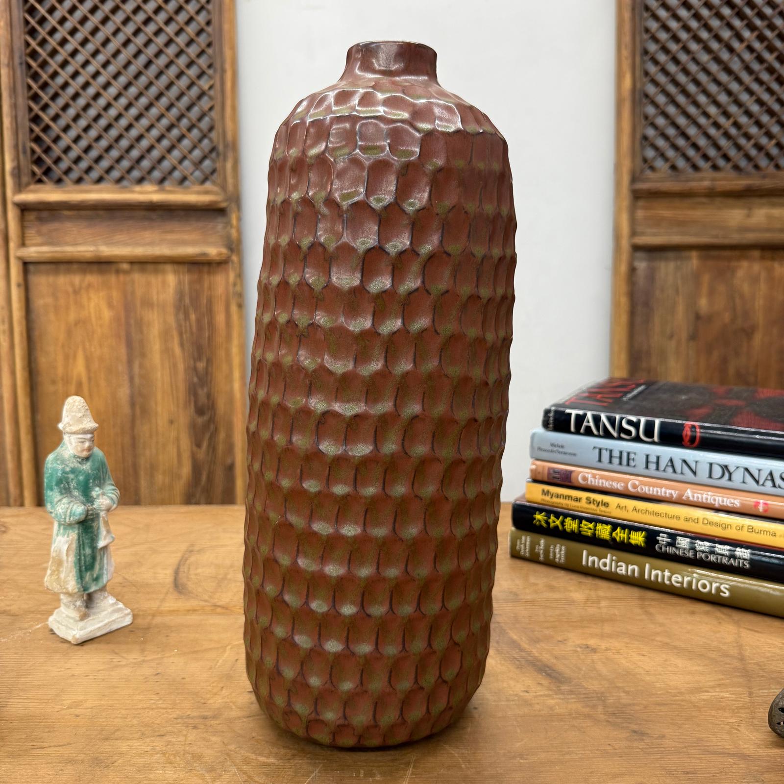 Textured Ceramic Vase in Orange-Brown &amp; Moss Green Finish, SKU , image 4