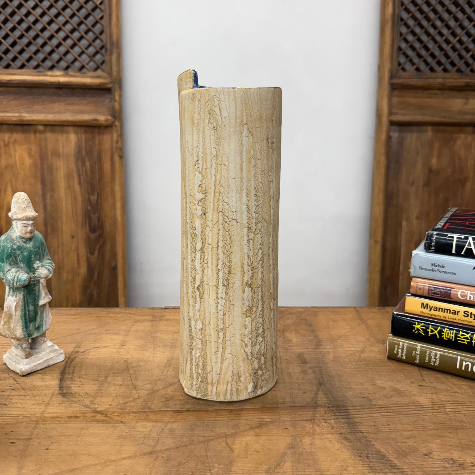 Textured Cream &amp; Ochre Prem Vase with Blue Color Inside - FEA Home