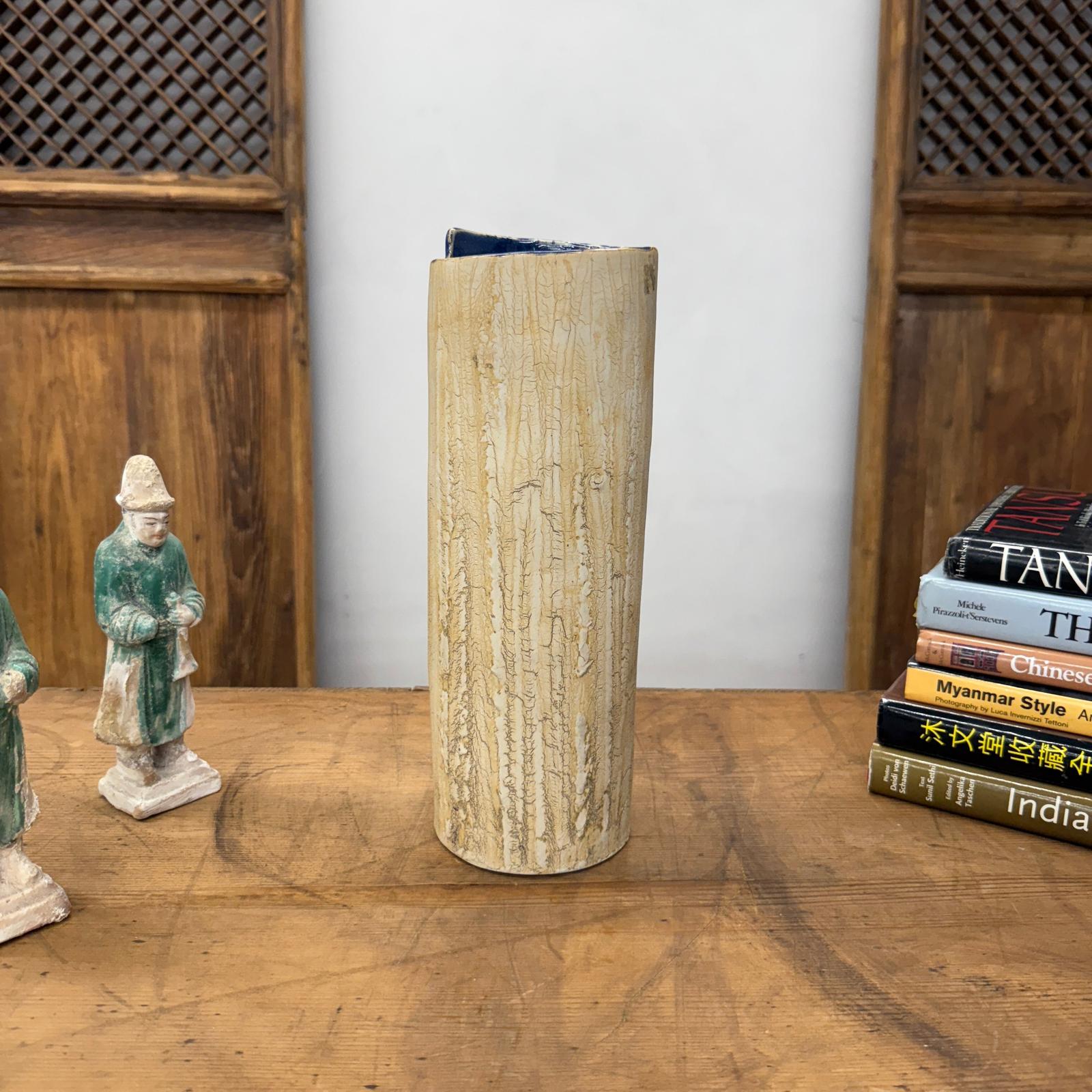 Textured Cream &amp; Ochre Prem Vase with Blue Color Inside - FEA Home