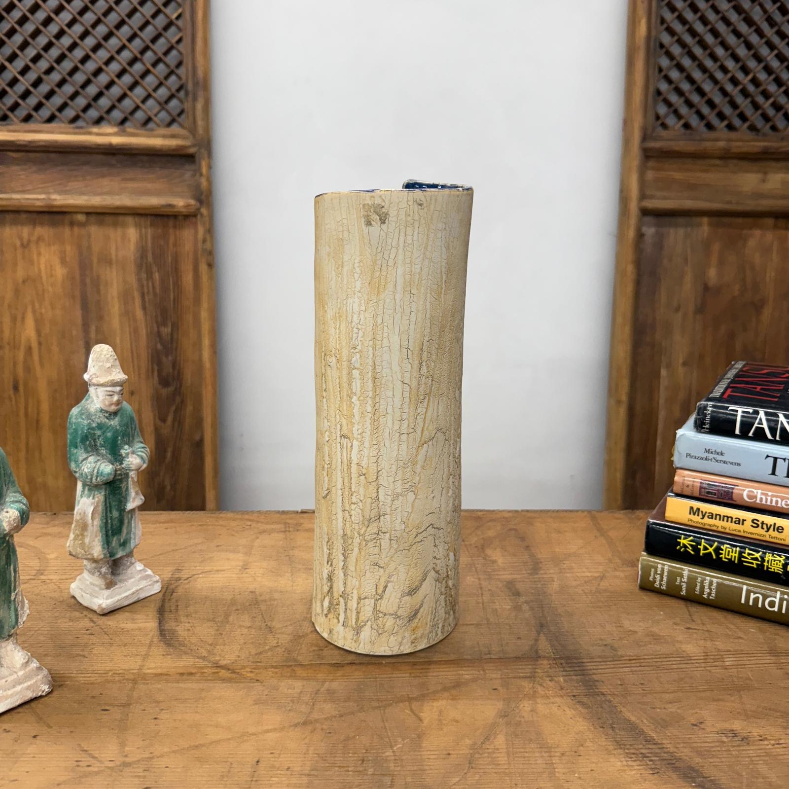 Textured Cream &amp; Ochre Prem Vase with Blue Color Inside - FEA Home
