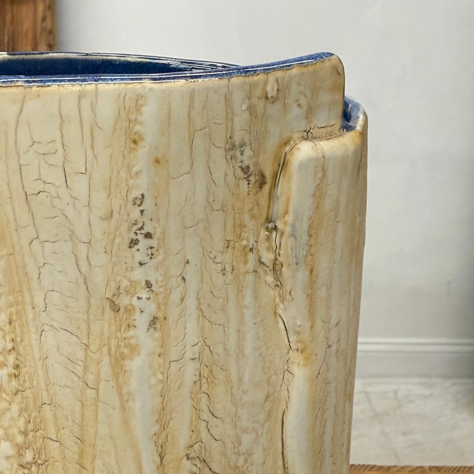 Textured Cream &amp; Ochre Prem Vase with Blue Color Inside - FEA Home