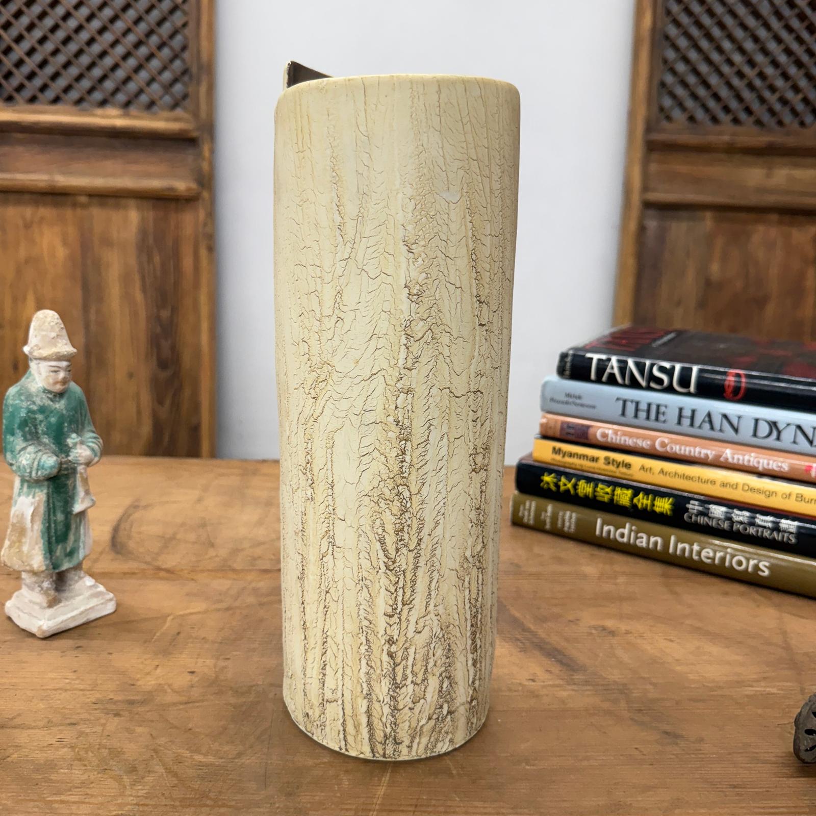 Textured Cylinder Cream &amp; Ochre Prem Vase with Bark Design, SKU , image 2