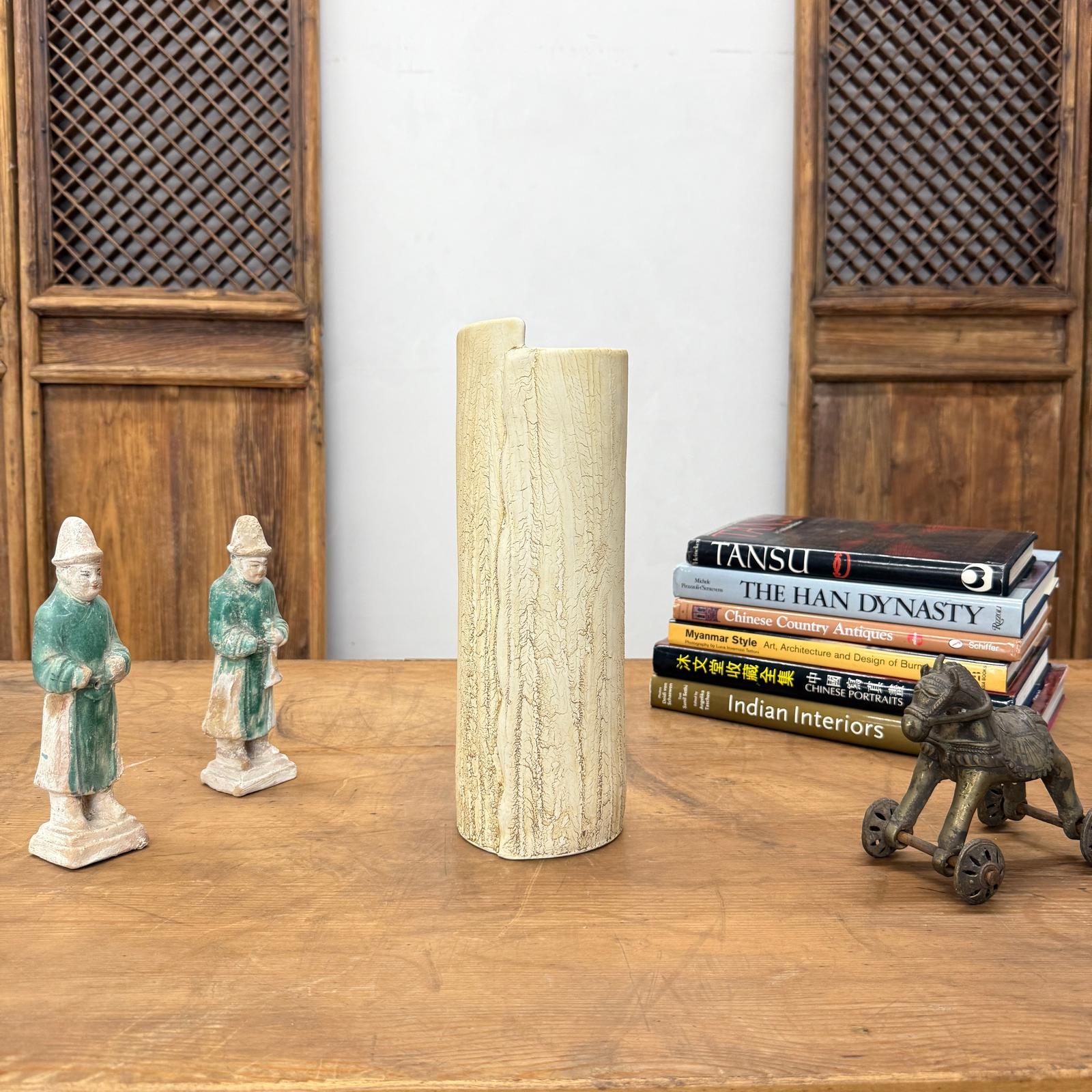Textured Cylinder Cream &amp; Ochre Prem Vase with Bark Design, SKU , image 3