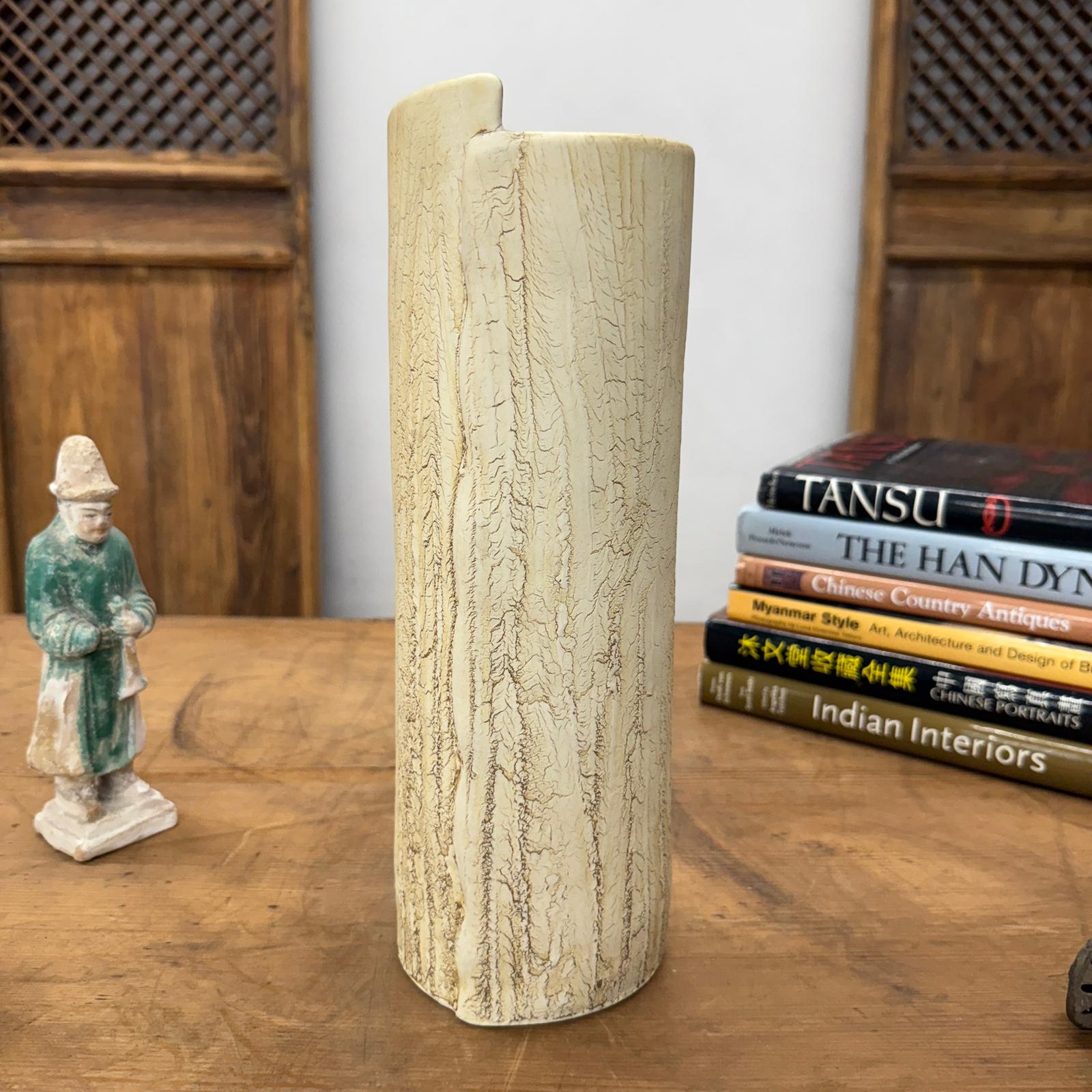 Textured Cylinder Cream &amp; Ochre Prem Vase with Bark Design, SKU , image 4
