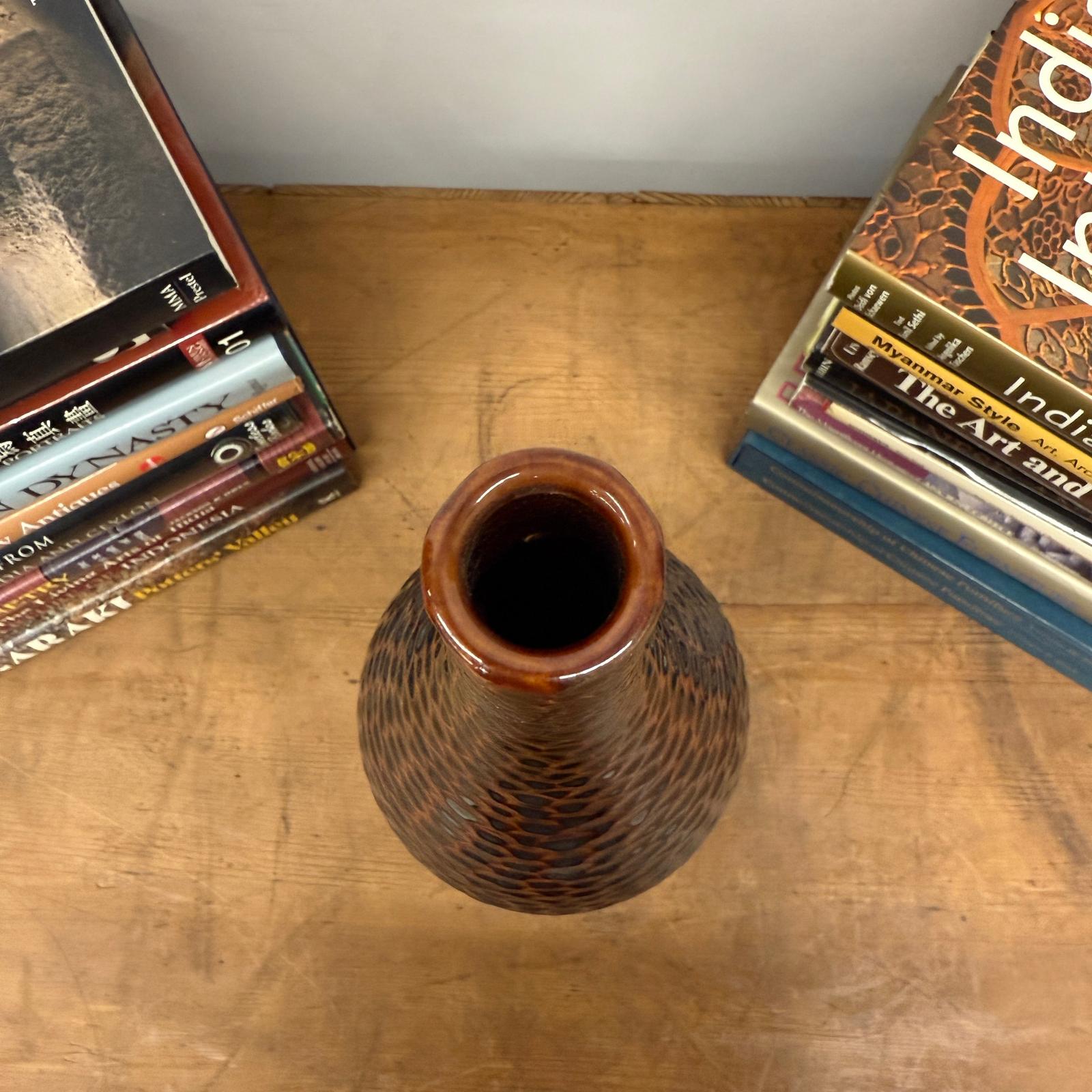 Textured Reddish Brown &amp; Black Glazed Ceramic Vase - FEA Home