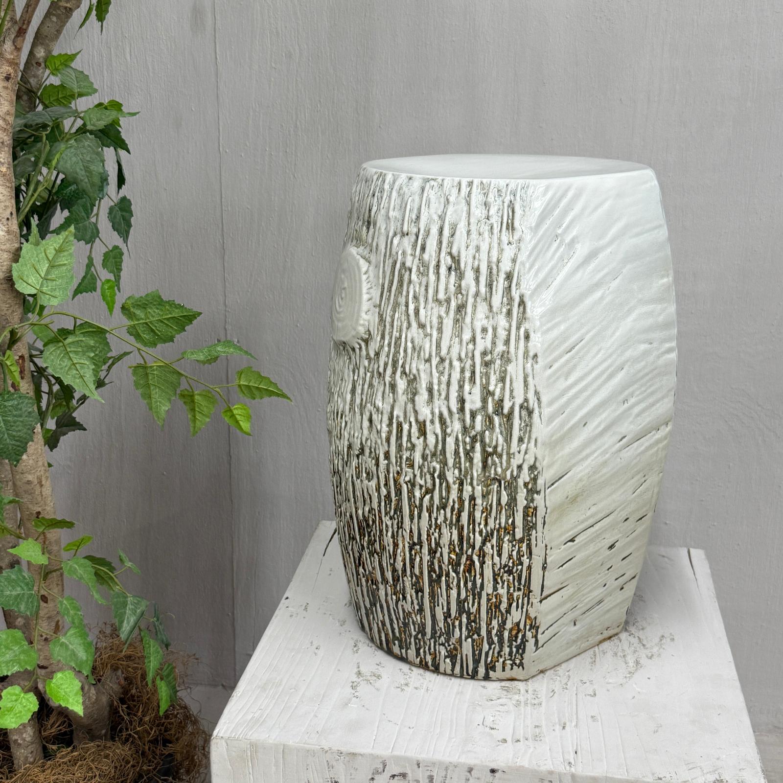 Textured White Glazed Ceramic Pedestal with Brown Detail - FEA Home