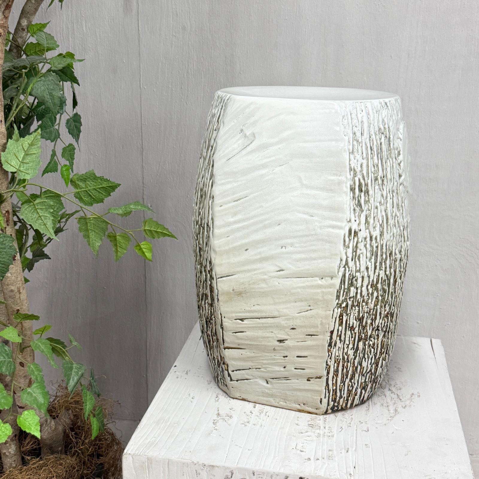 Textured White Glazed Ceramic Pedestal with Brown Detail - FEA Home