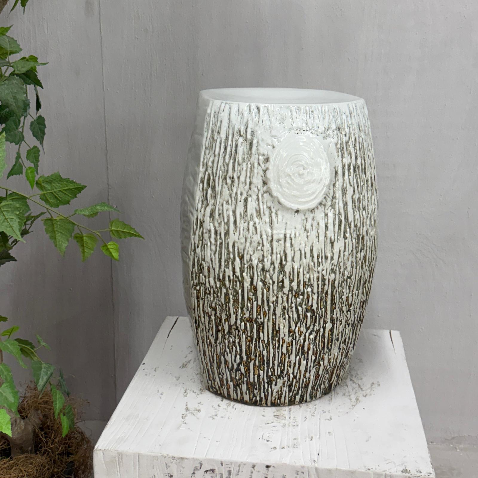Textured White Glazed Ceramic Pedestal with Brown Detail - FEA Home