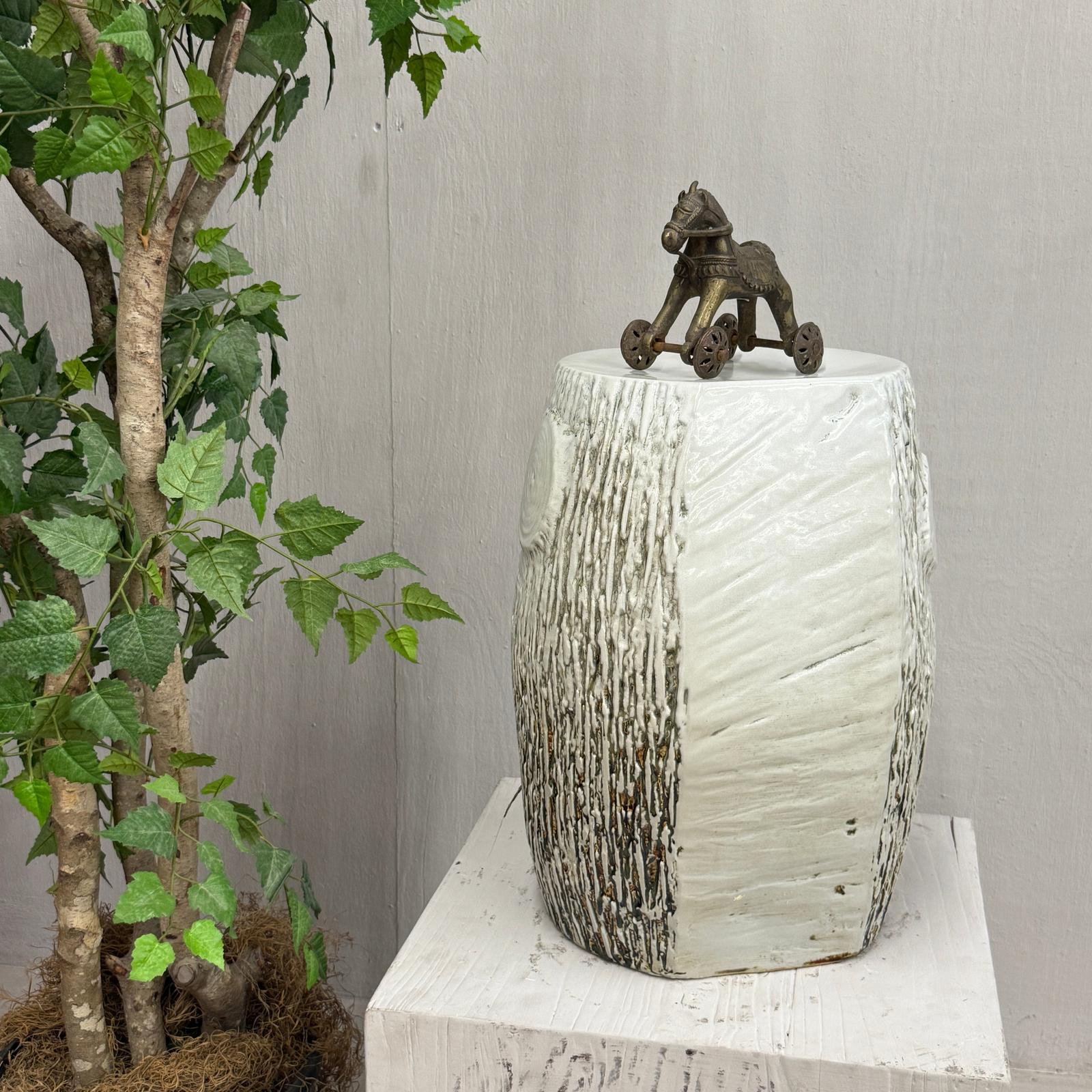 Textured White Glazed Ceramic Pedestal with Brown Detail - FEA Home